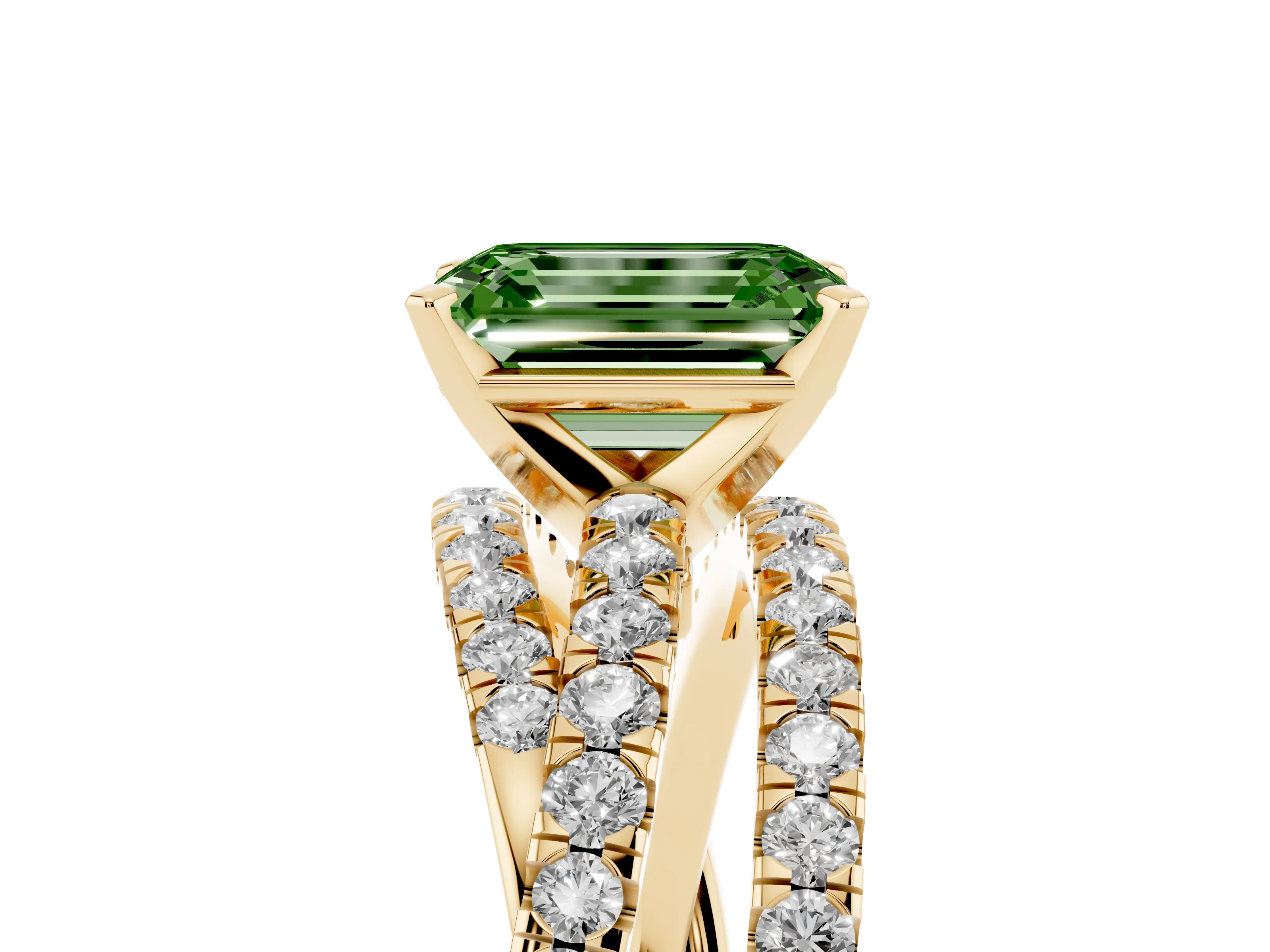 Fancy Green Emerald Cut Diamond Solitaire Twist Band Ring Set in Yellow gold with Pavé Setting and Prong Head