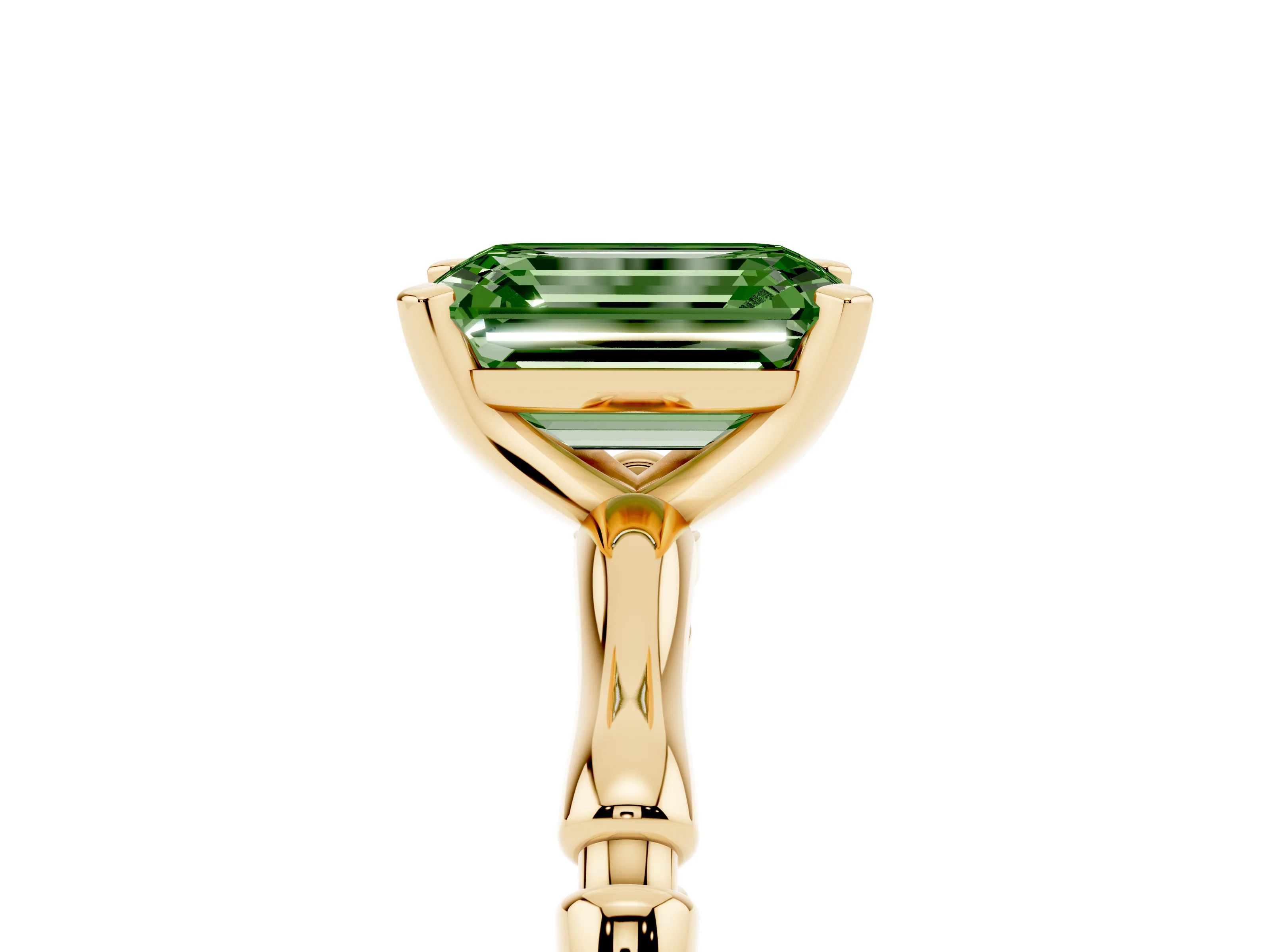 Fancy Green Emerald Cut Diamond Solitaire Ring Set in Yellow gold with Bamboo Band and Prong Setting