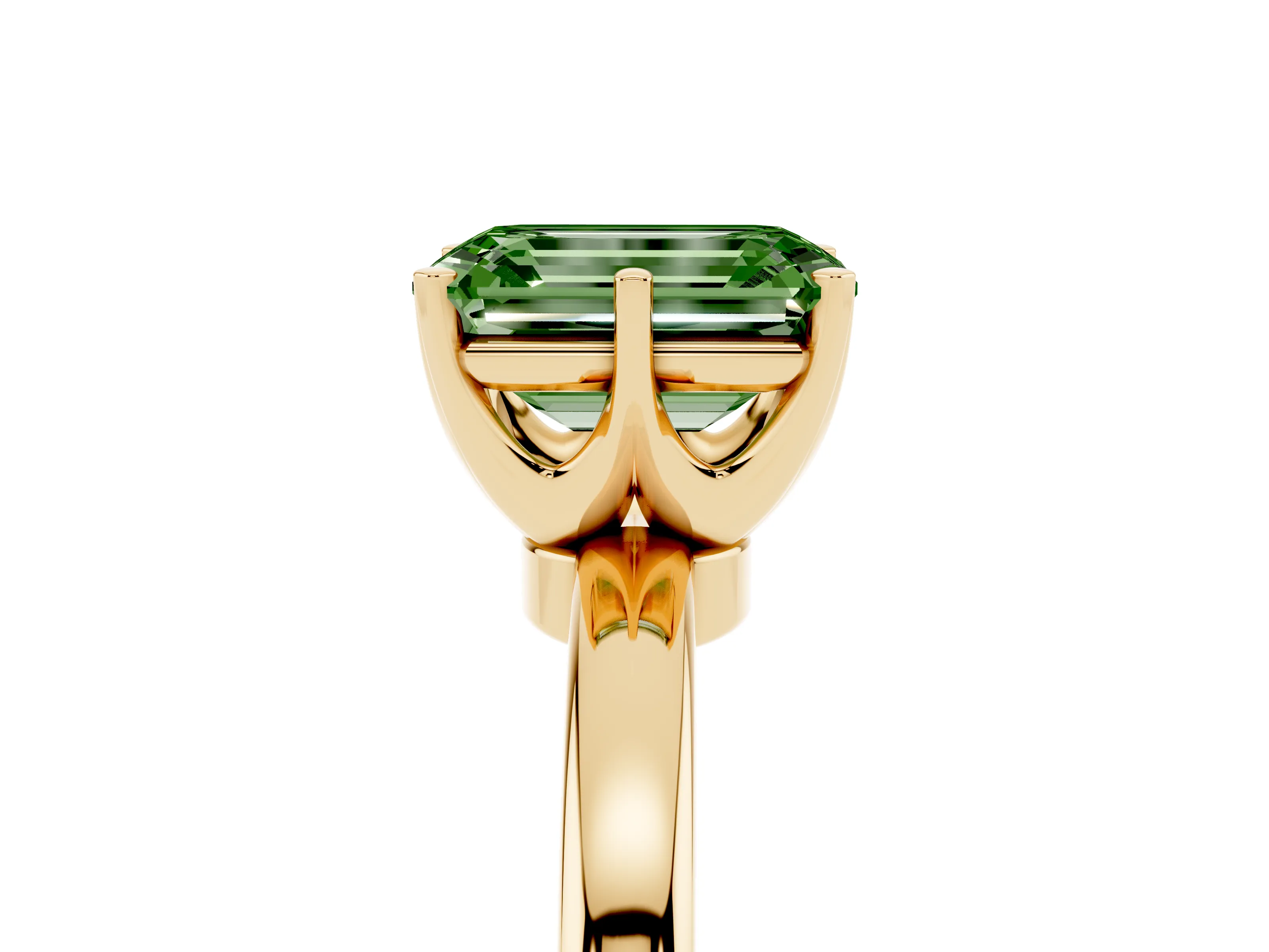 Fancy Green Emerald Cut Diamond Solitaire Ring Set in Yellow gold with Raised Prong Setting on a Classic Band
