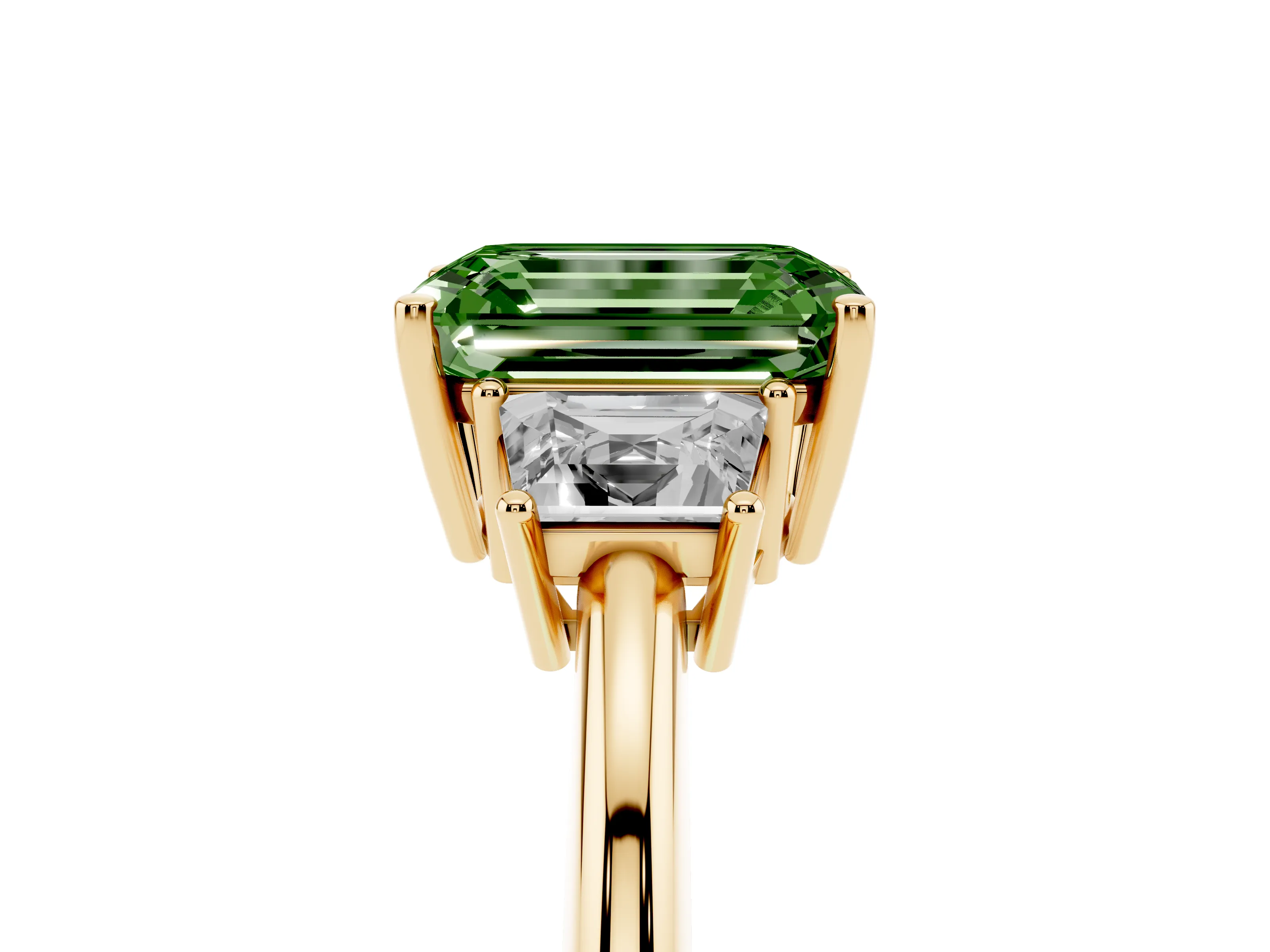 Fancy Green Emerald Cut Diamond Three-Stone Ring Set in Yellow gold with Trapezoid Side Stones and Prong Setting