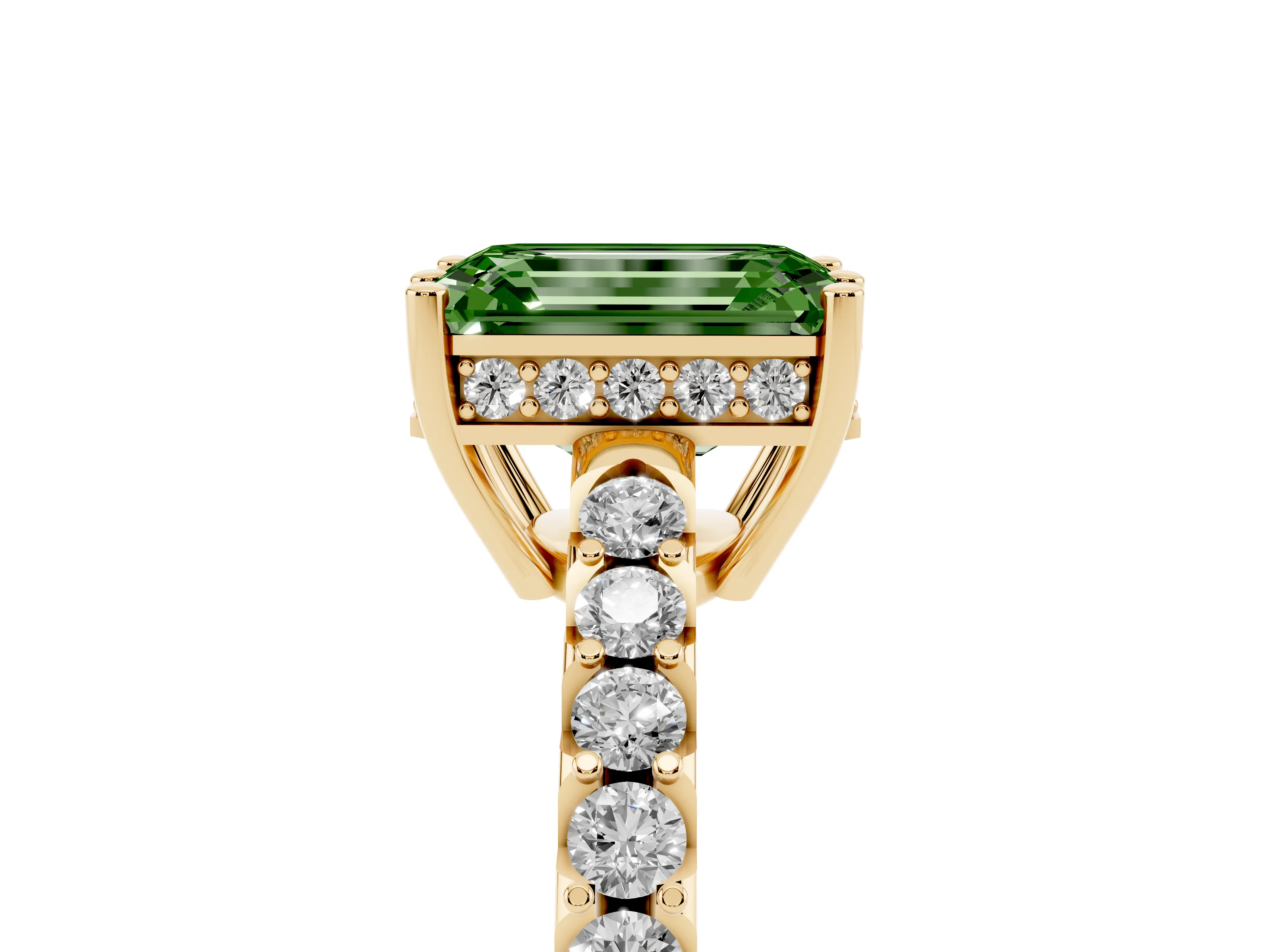 Fancy Green Emerald Cut Diamond Solitaire Engagement Ring Set in Yellow gold with Pavé Band and Prong Setting