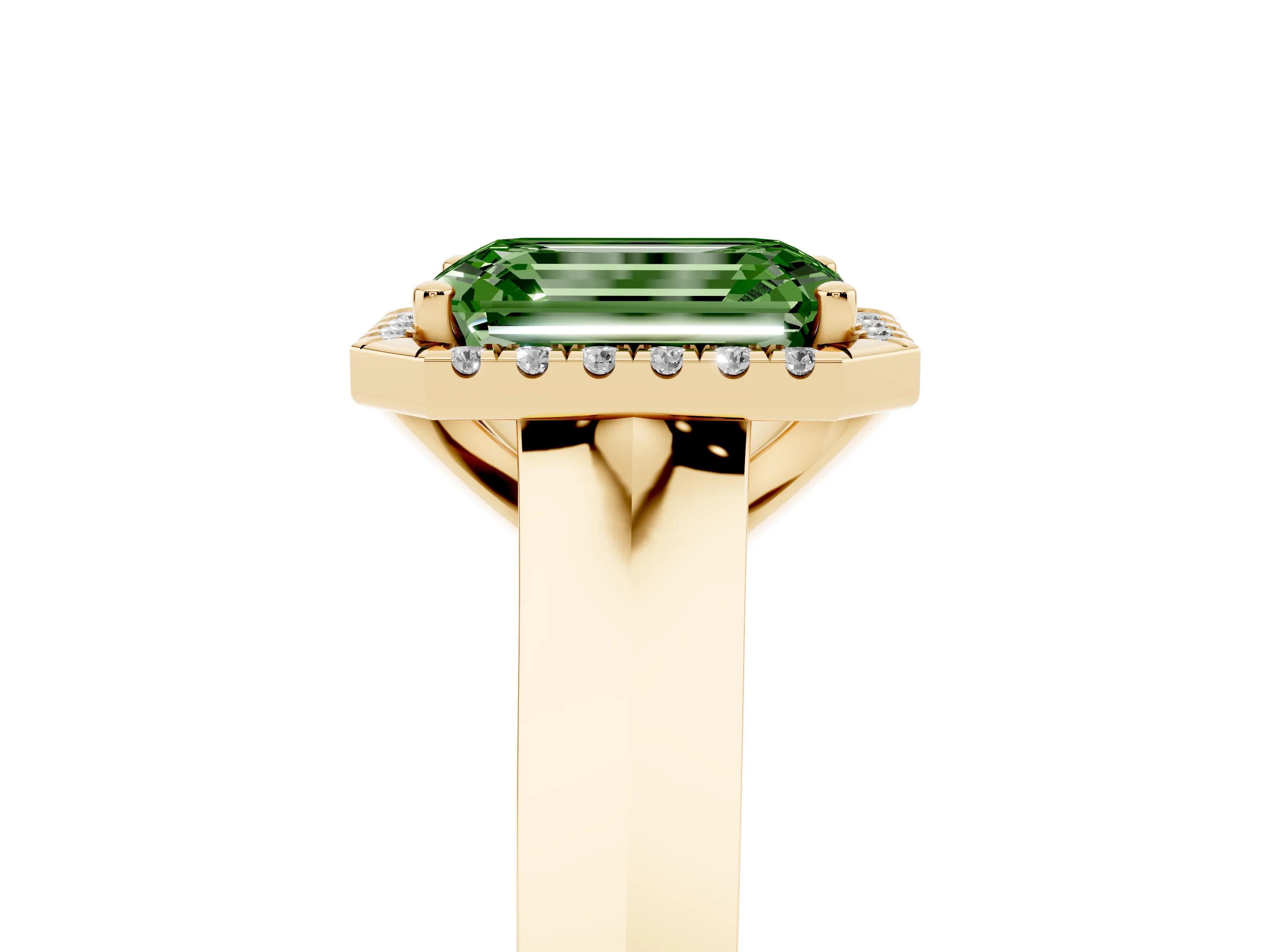 Fancy Green Emerald Cut Diamond Halo Ring Set in Yellow gold with Cathedral Band and Prong Setting