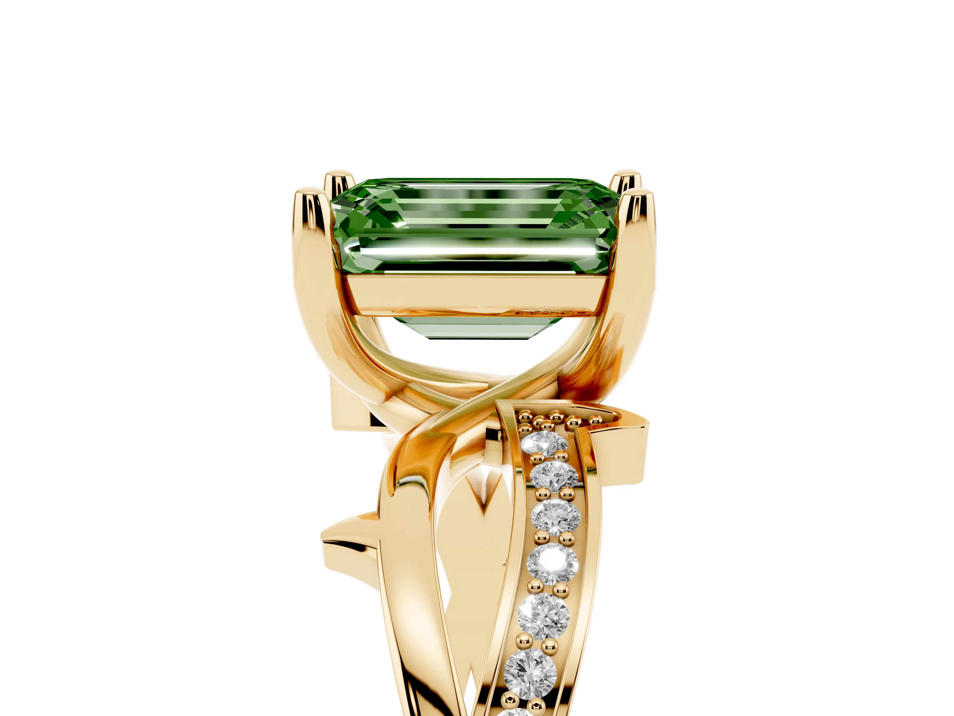 Fancy Green Emerald Cut Diamond Pavé Twist Band Solitaire Ring Set in Yellow gold with Prong Setting