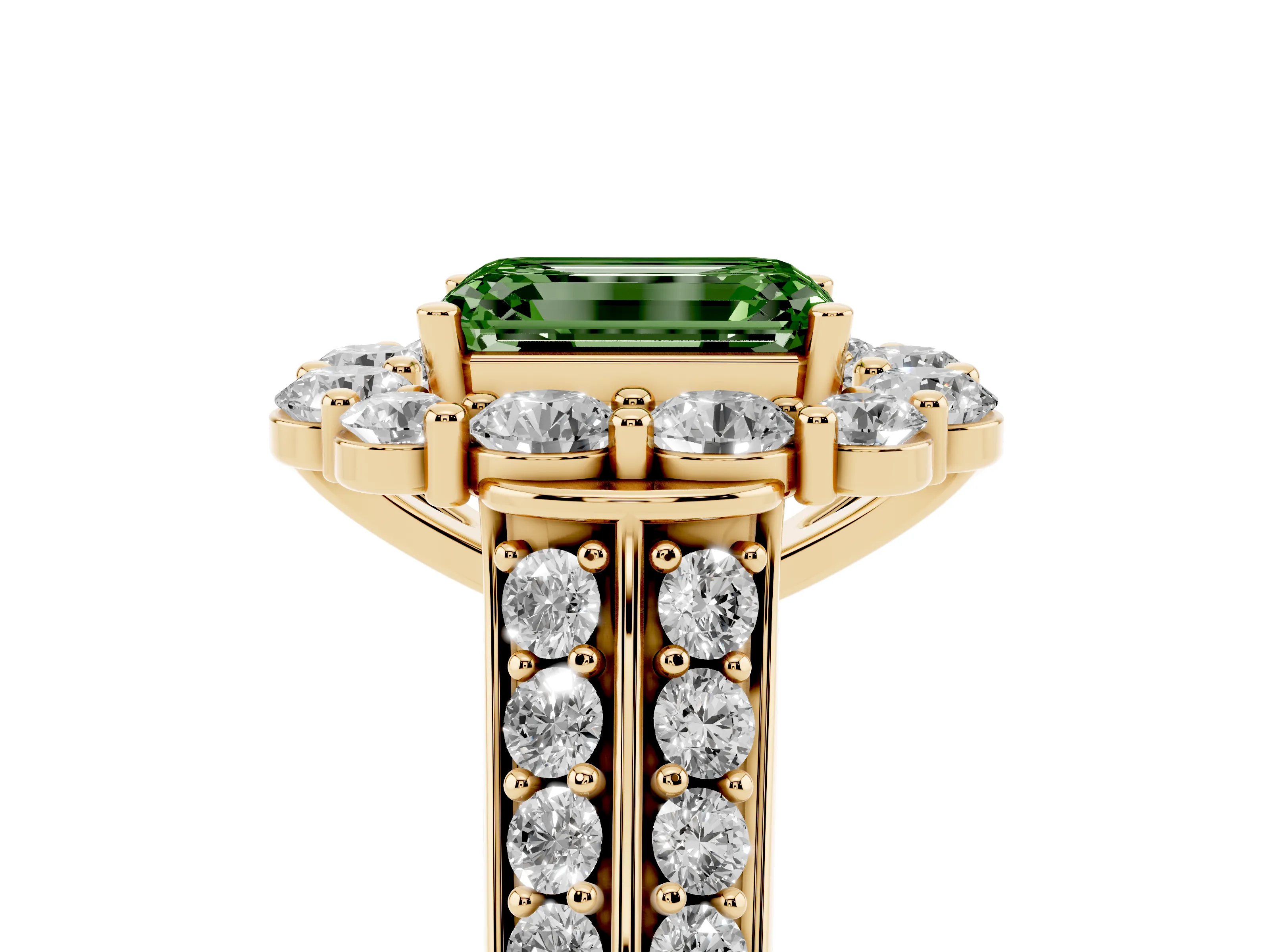 Fancy Green Emerald Cut Diamond Halo Engagement Ring Set in Yellow gold with Split Shank and Prong Setting