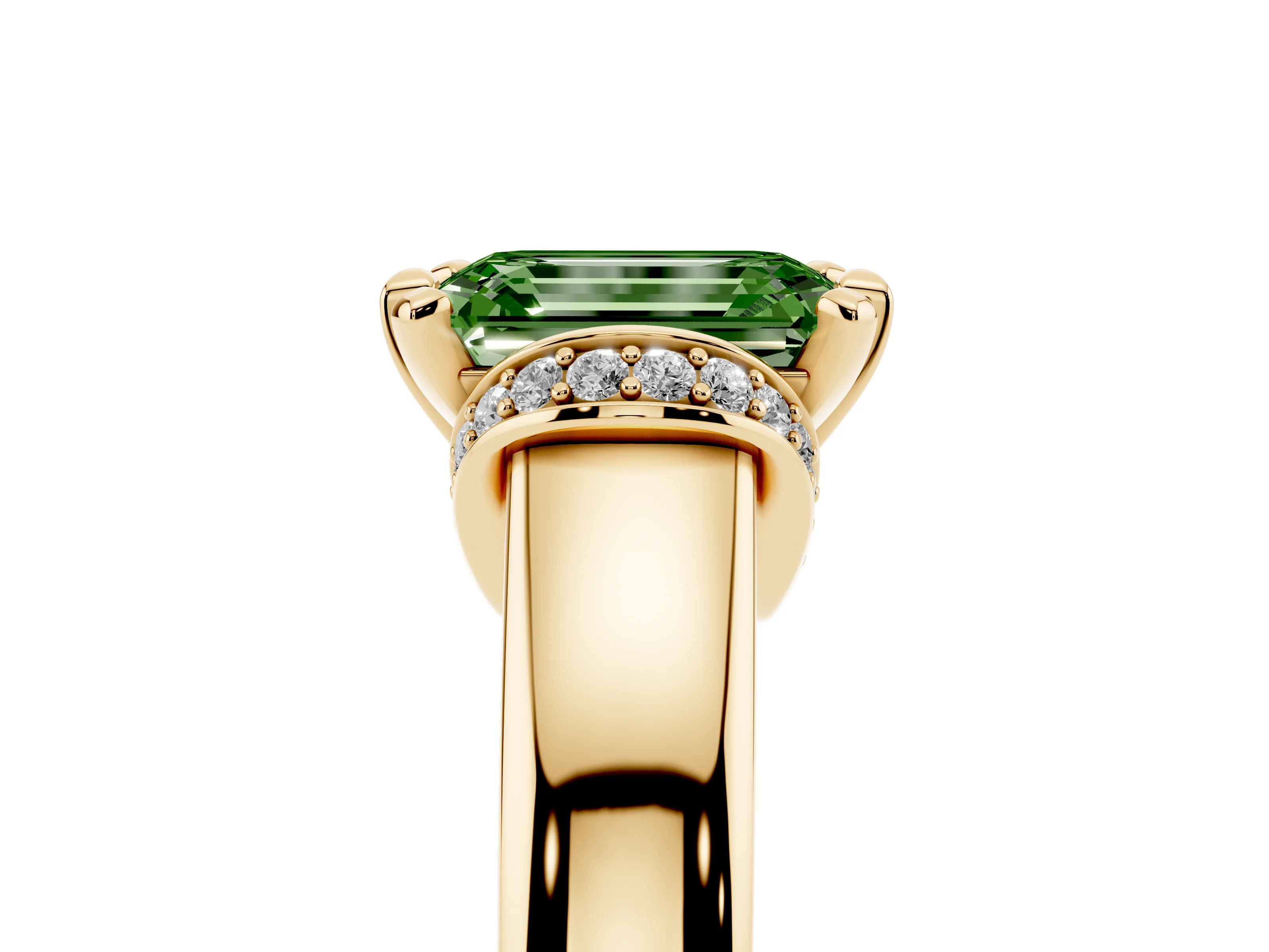 Fancy Green Emerald Cut Diamond Pavé Band Solitaire Ring Set in Yellow gold with Prong Setting