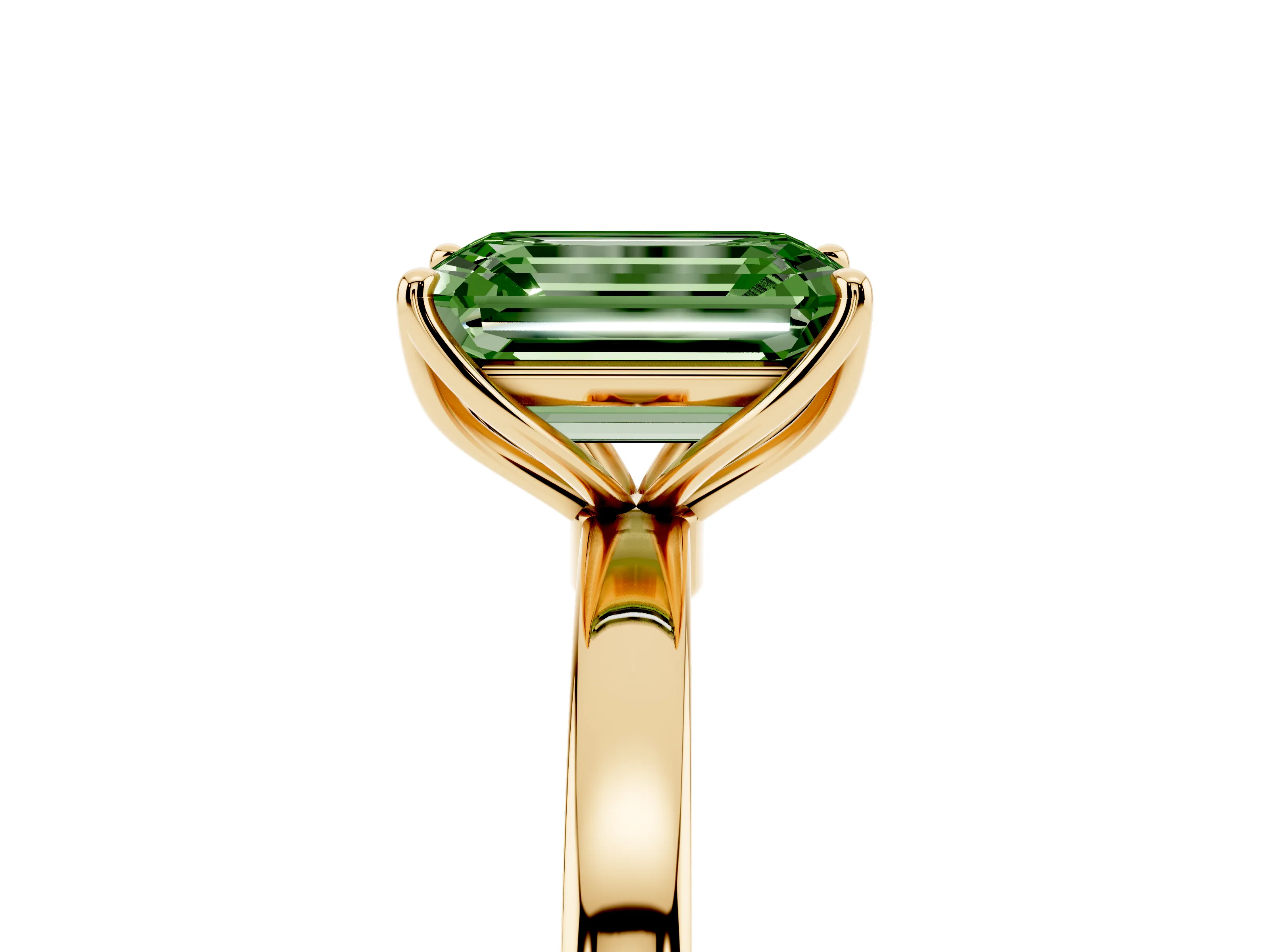 Fancy Green Emerald Cut Diamond Solitaire Ring Set in Yellow gold with Prong Setting and Thin Polished Band
