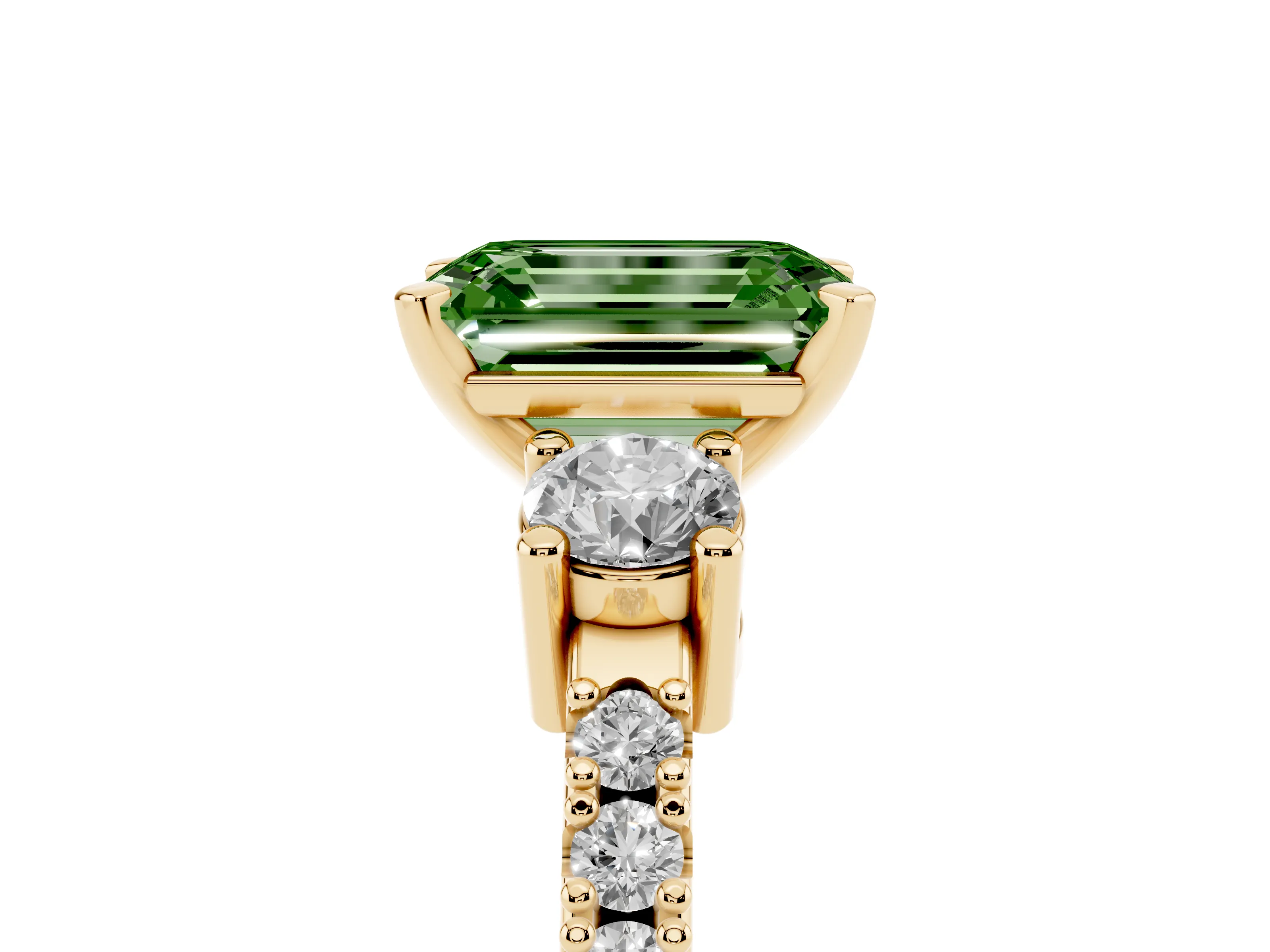 Fancy Green Three-Stone Emerald Cut Diamond Pavé Band Ring Set in Yellow gold with Prong Setting