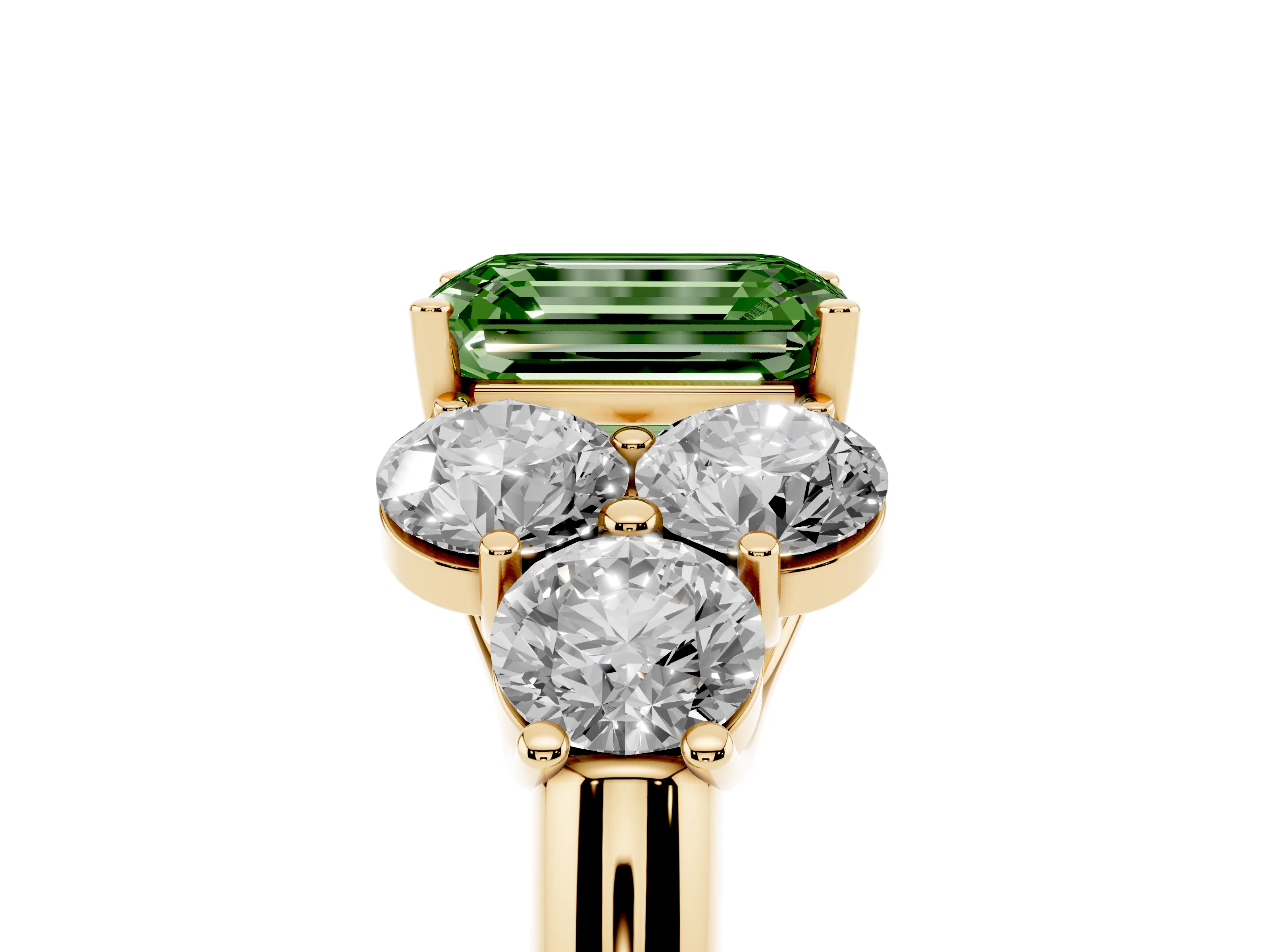 Fancy Green Emerald Cut Diamond Cluster Ring Set in Yellow gold with Round Accent Stones and Prong Setting on a Plain Band