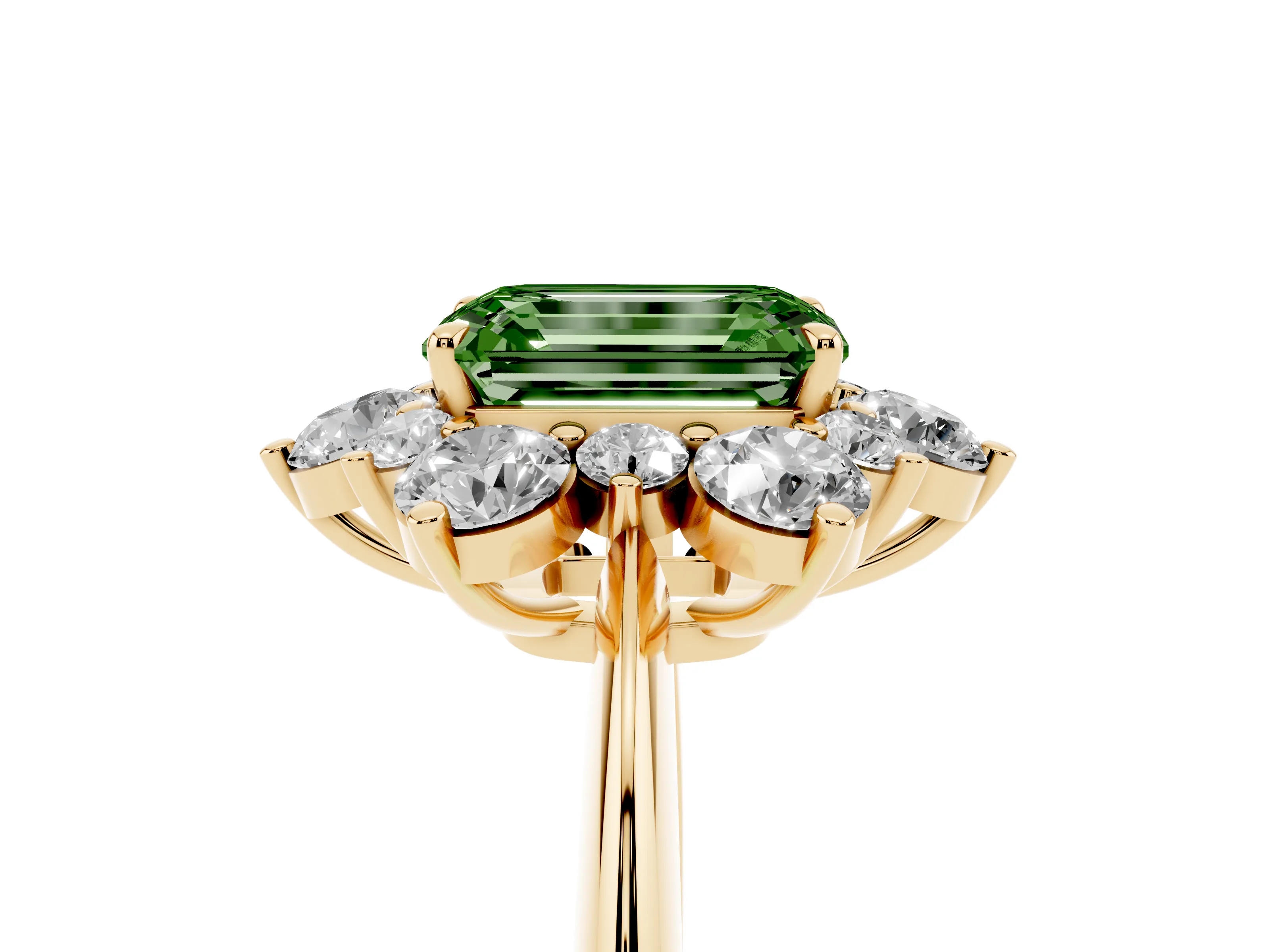 Fancy Green Emerald Cut Diamond Cluster Halo Ring Set in Yellow gold with Solitaire Band and Prong Setting