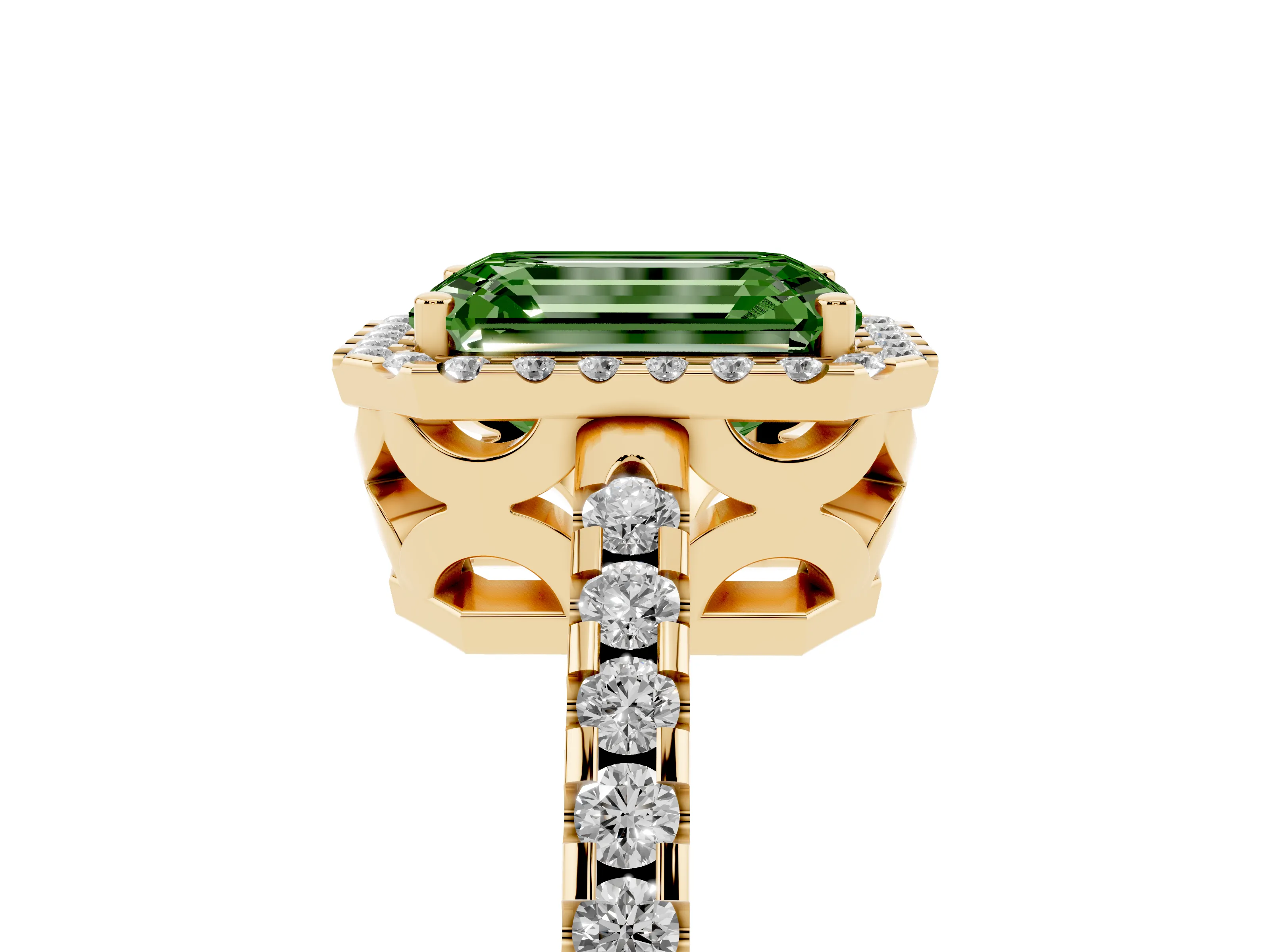 Fancy Green Emerald Cut Diamond Halo Ring Set in Yellow gold with Pavé Shoulders and Halo-Framed Center