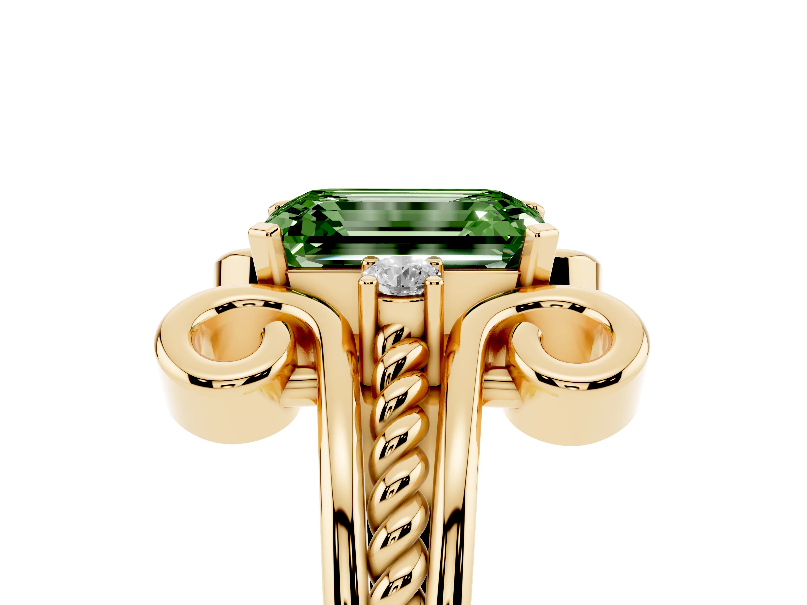 Fancy Green Emerald Cut Diamond Twisted Band Solitaire Ring Set in Yellow gold with Scroll Prongs