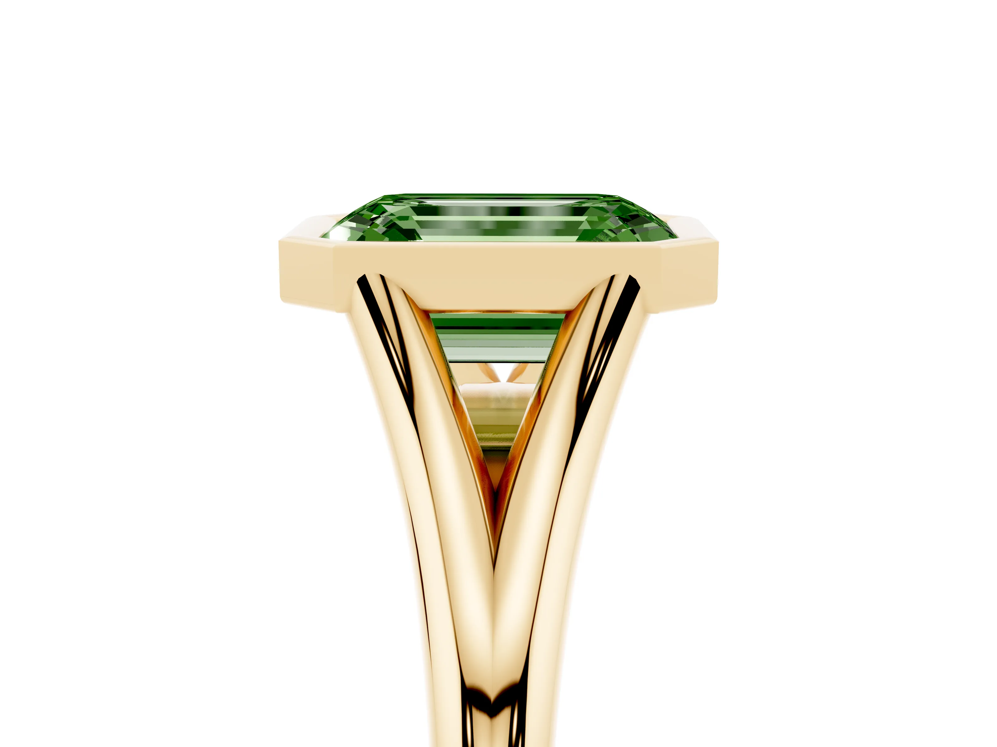 Fancy Green Bezel Set Emerald Cut Diamond Solitaire Ring Set in Yellow gold with Tapered Band