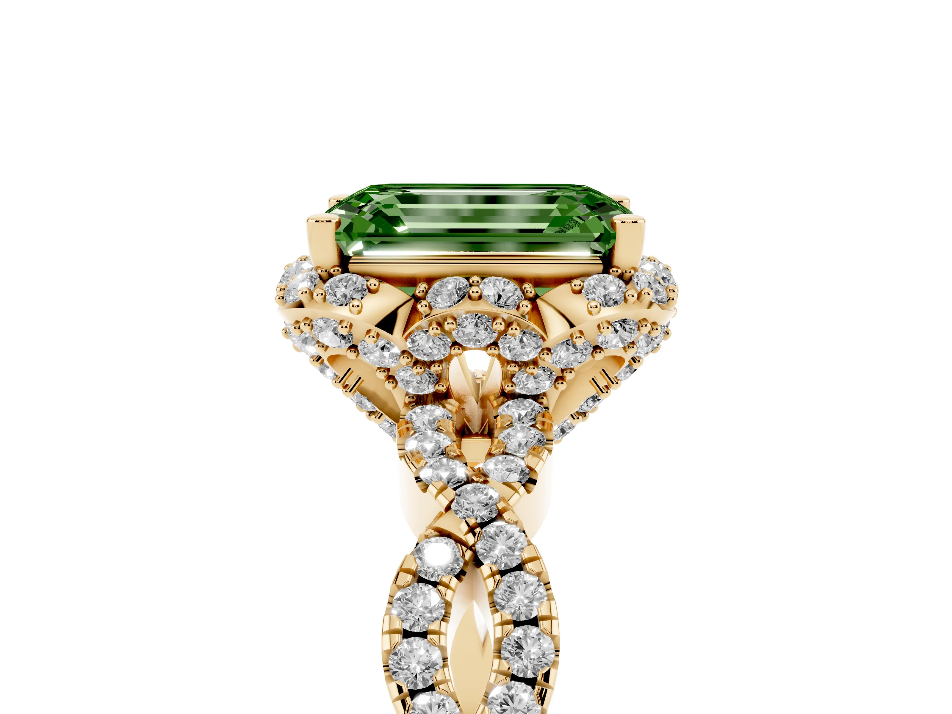 Fancy Green Emerald Cut Diamond Halo Twist Band Solitaire Ring Set in Yellow gold with Prong-Set Center Stone