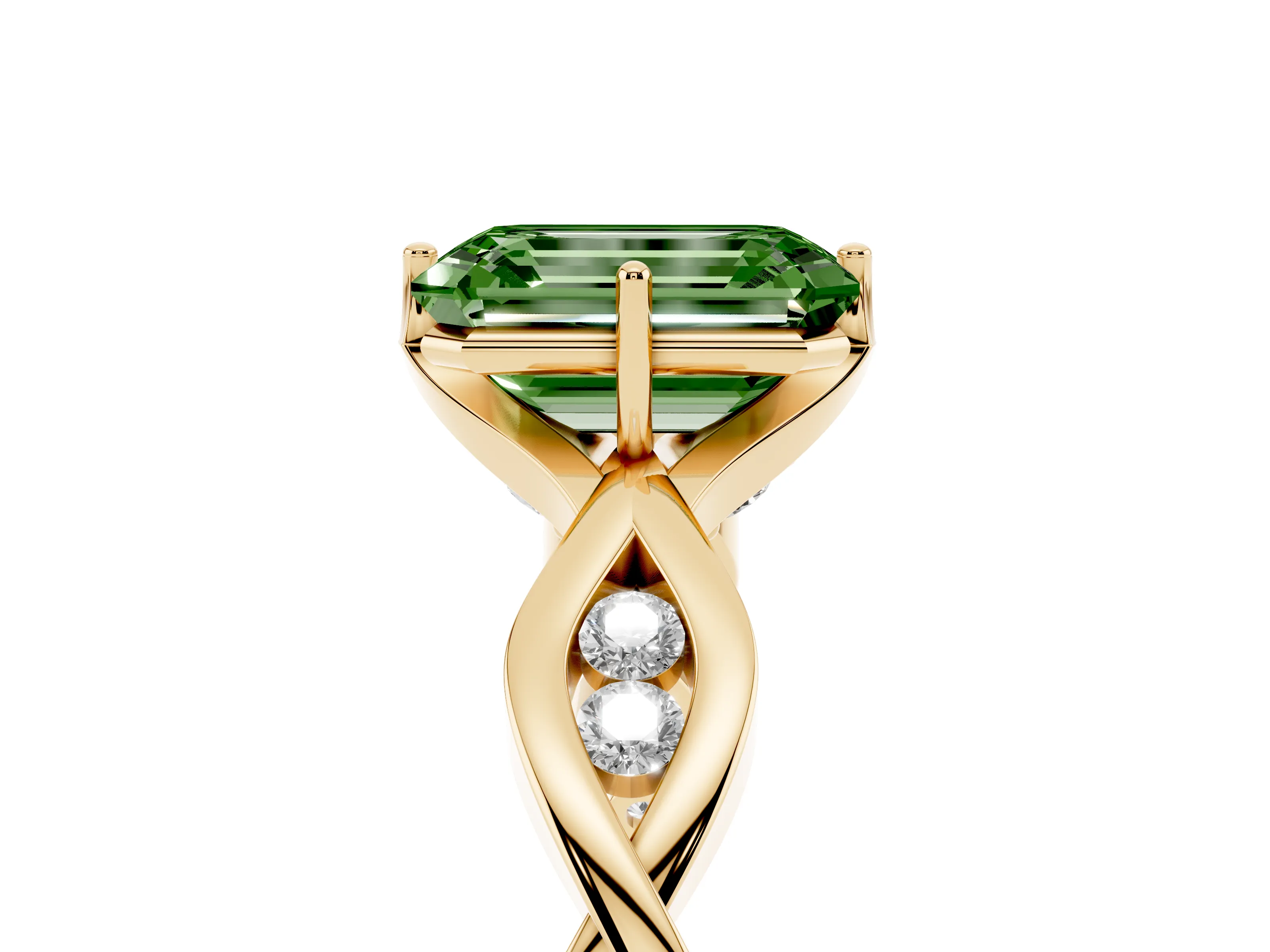 Fancy Green Emerald Cut Diamond Twist Band Solitaire Ring Set in Yellow gold with Leaf Prong Setting and Accent Stones