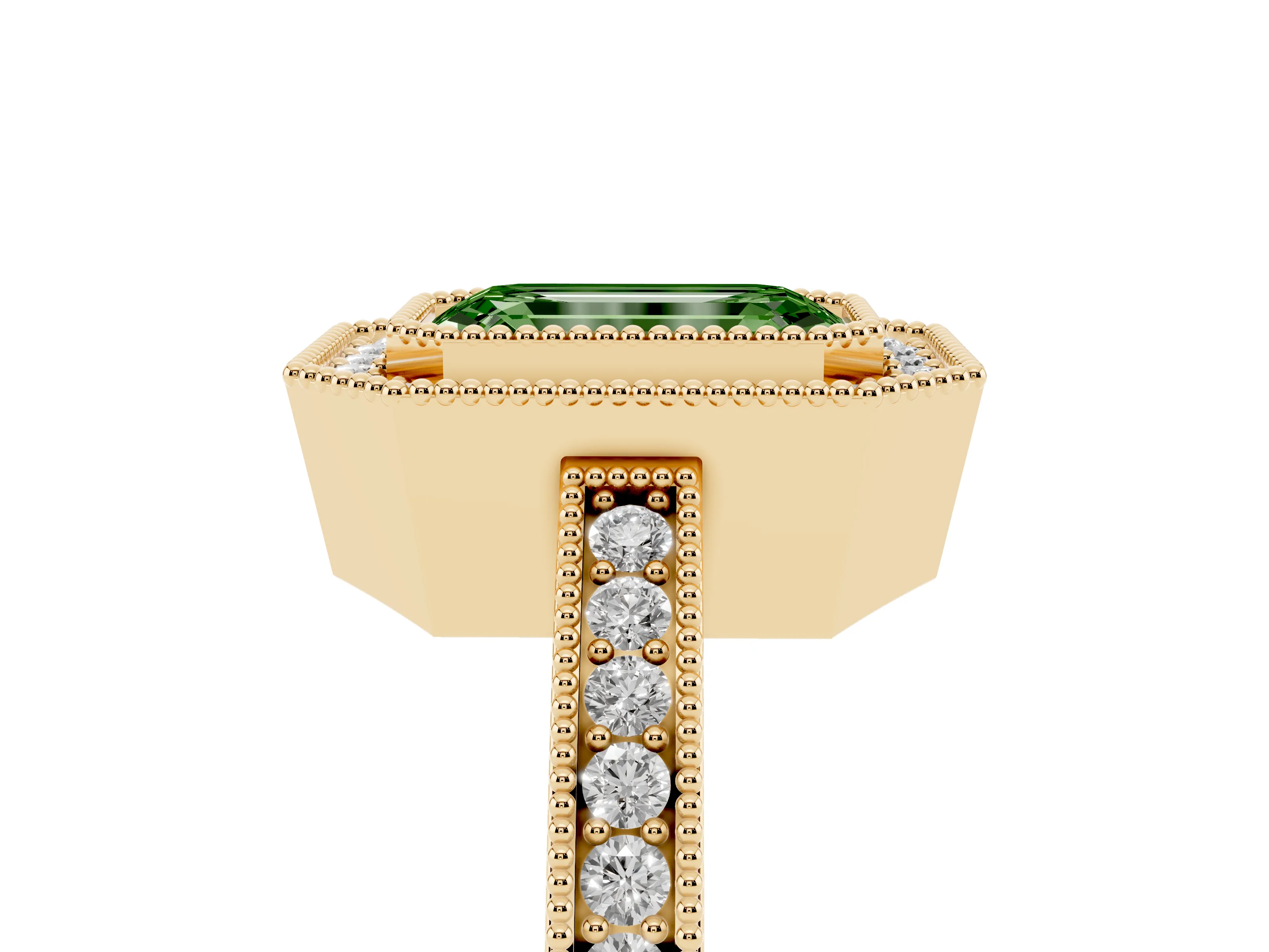 Fancy Green Emerald Cut Diamond Round Halo Ring Set in Yellow gold with Pavé Band