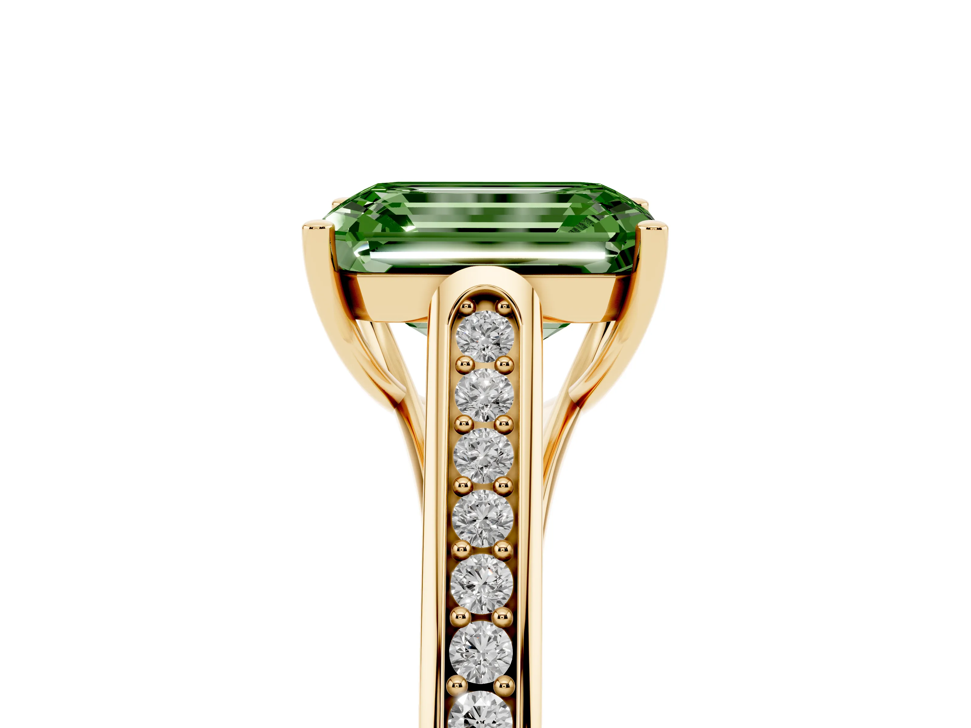 Fancy Green Emerald Cut Diamond Solitaire Cathedral Engagement Ring Set in Yellow gold with Channel-Set Band and Prong Setting
