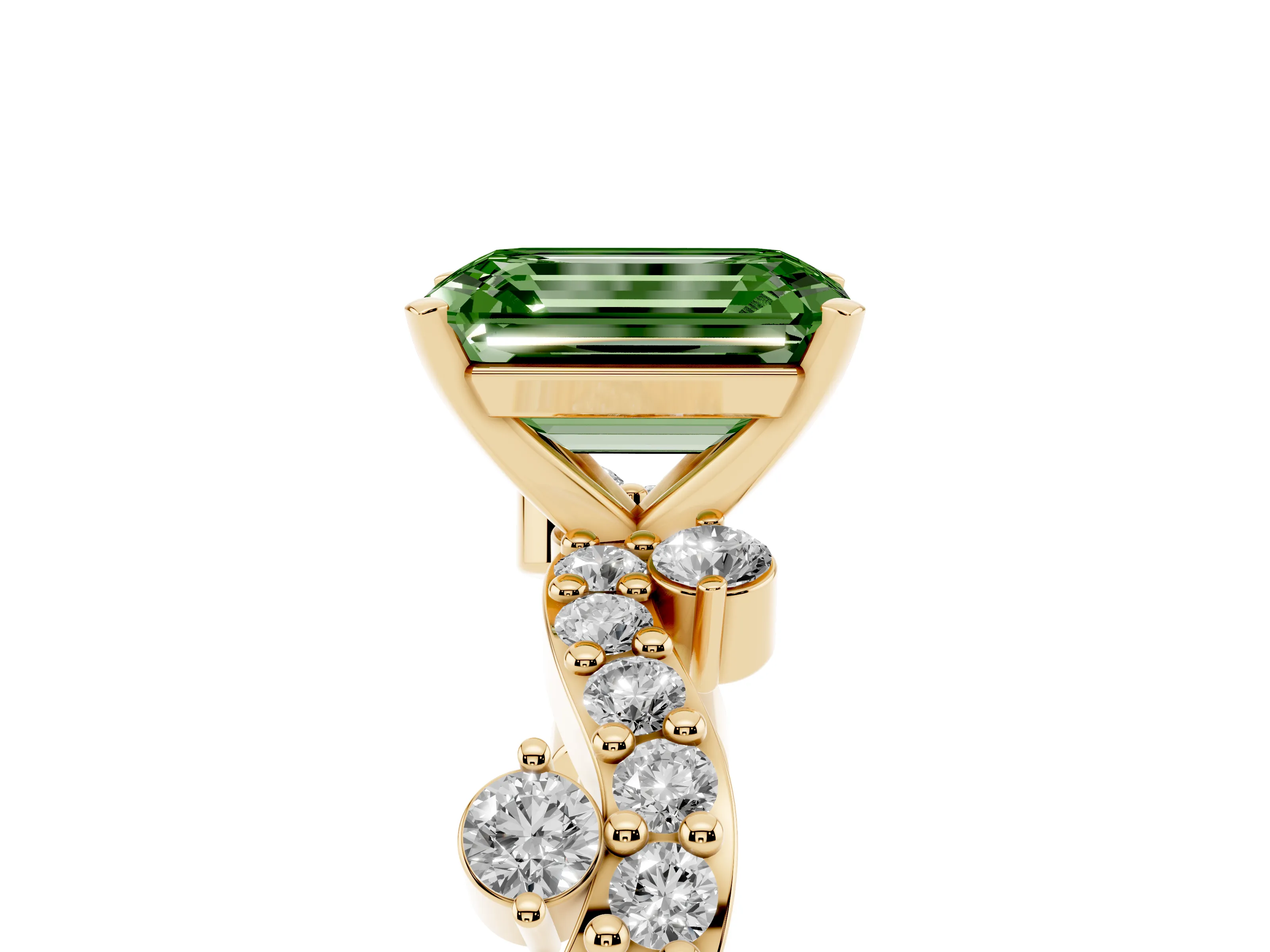 Fancy Green Emerald Cut Diamond Solitaire Twisted Band Set in Yellow gold with Pavé Setting
