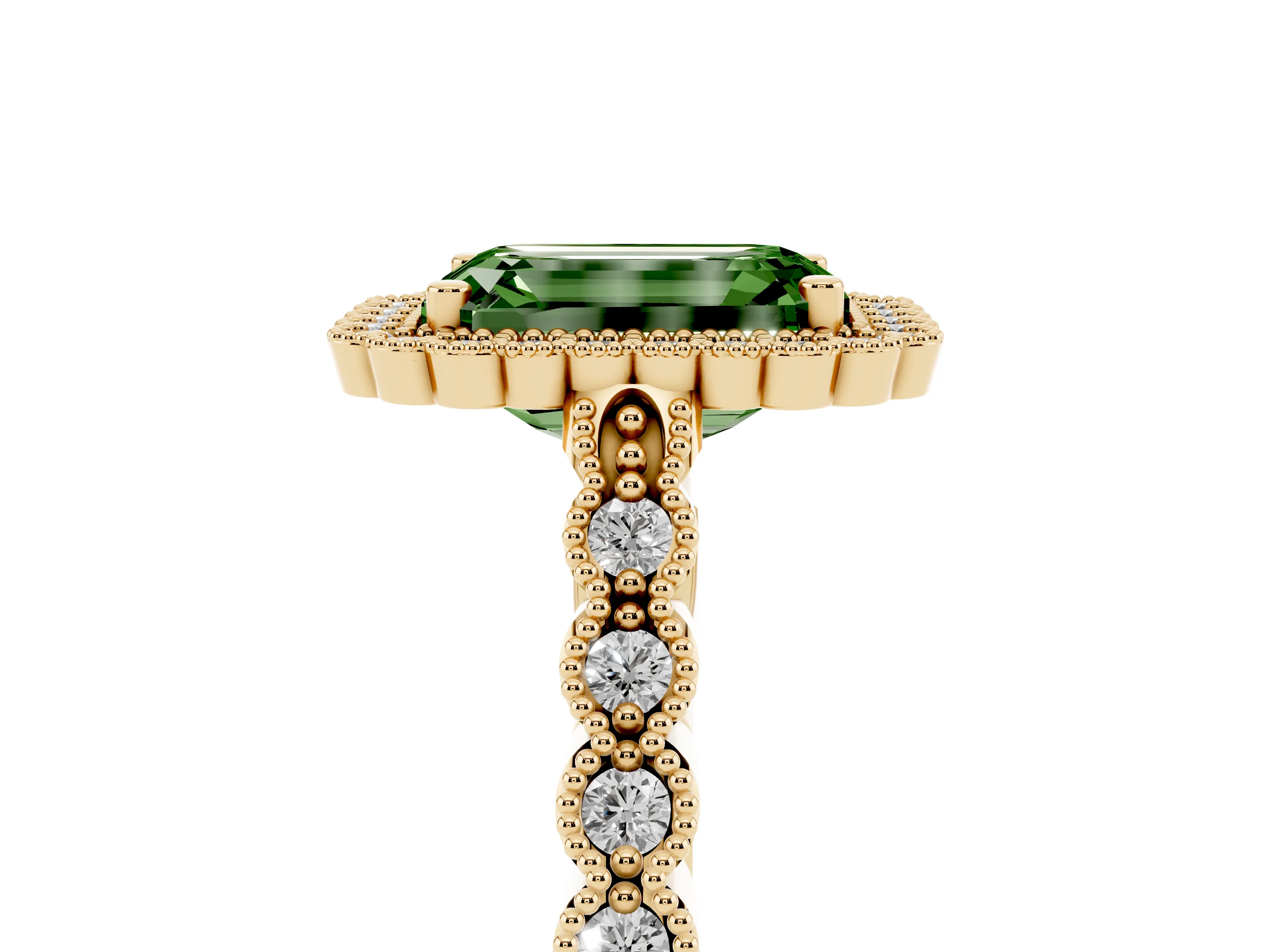 Fancy Green Emerald Cut Diamond Halo Ring Set in Yellow gold with Pavé Milgrain Band