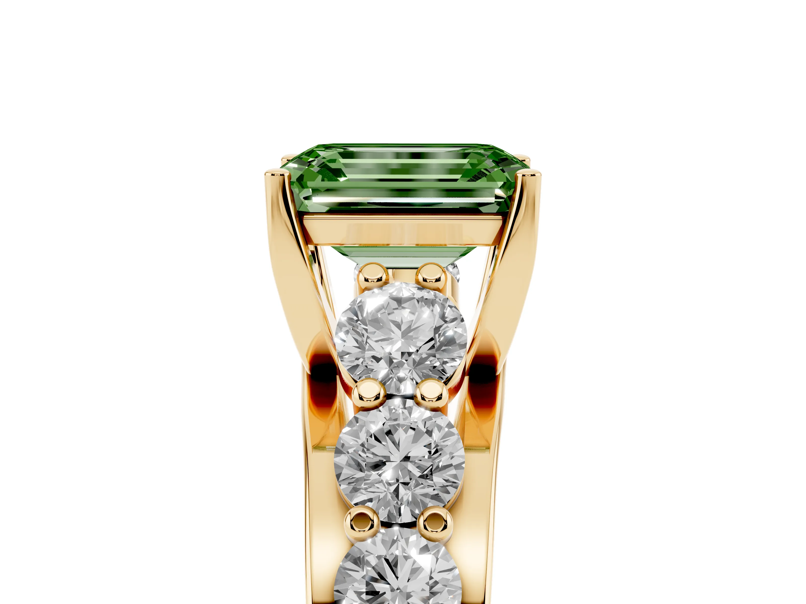 Fancy Green Emerald Cut Diamond Pavé Engagement Ring Set in Yellow gold with Prong Setting