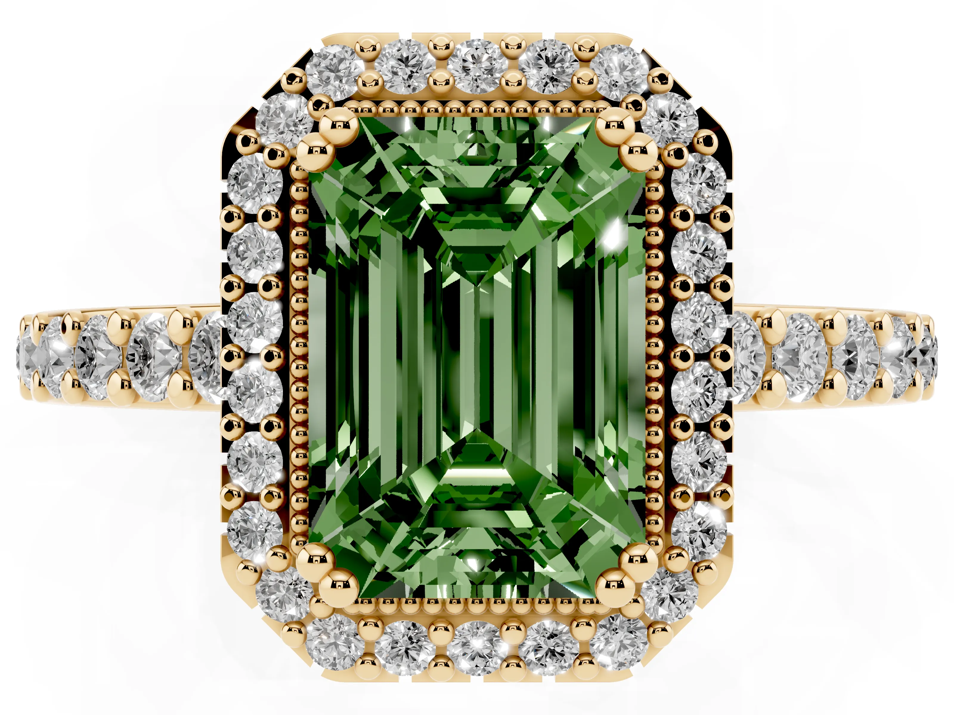 Fancy Green Emerald Cut Diamond Halo Engagement Ring Set in Yellow gold with Milgrain Detail and Pavé Band
