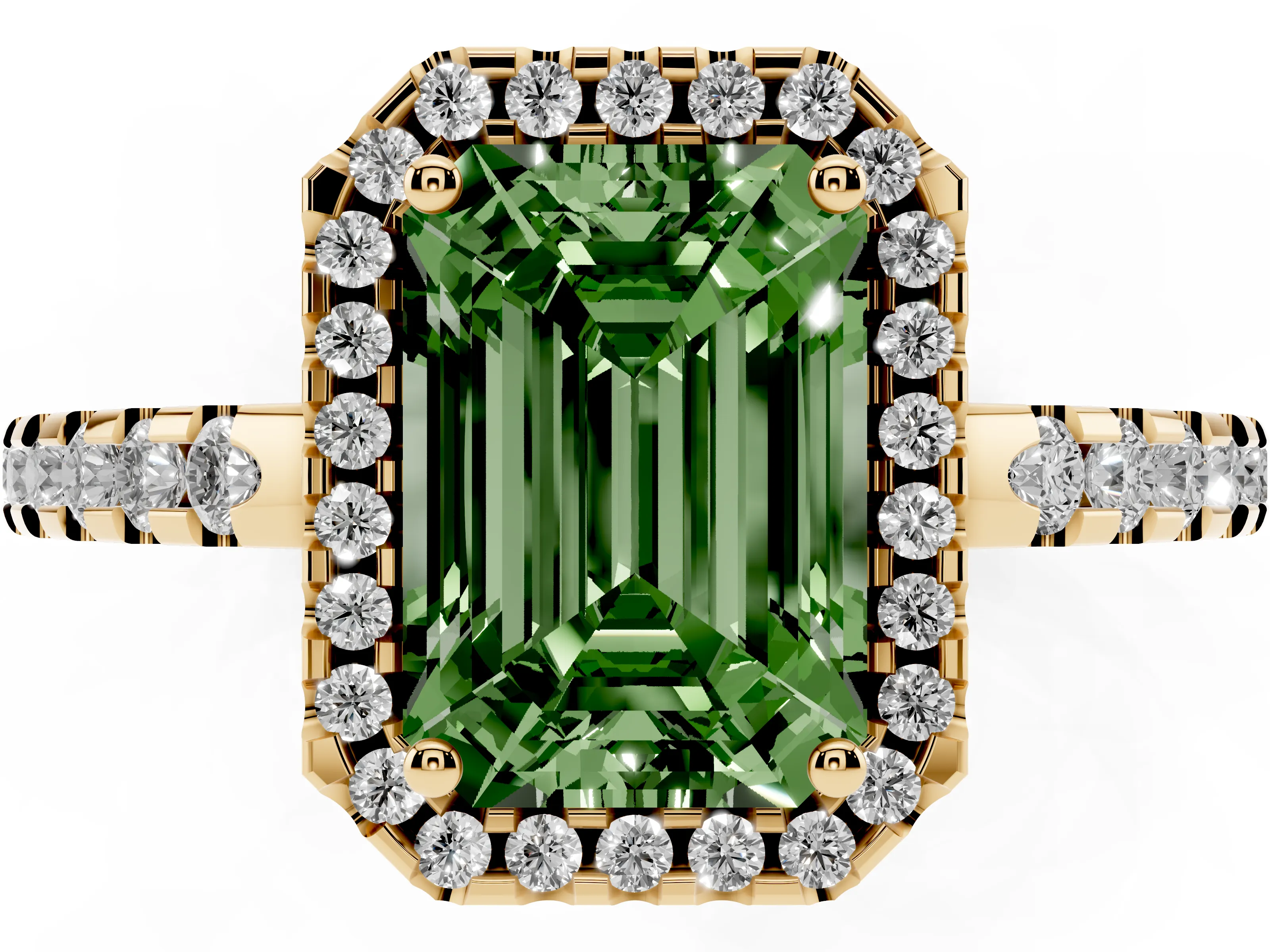 Fancy Green Emerald Cut Diamond Halo Ring Set in Yellow gold with Pavé Shoulders and Halo-Framed Center