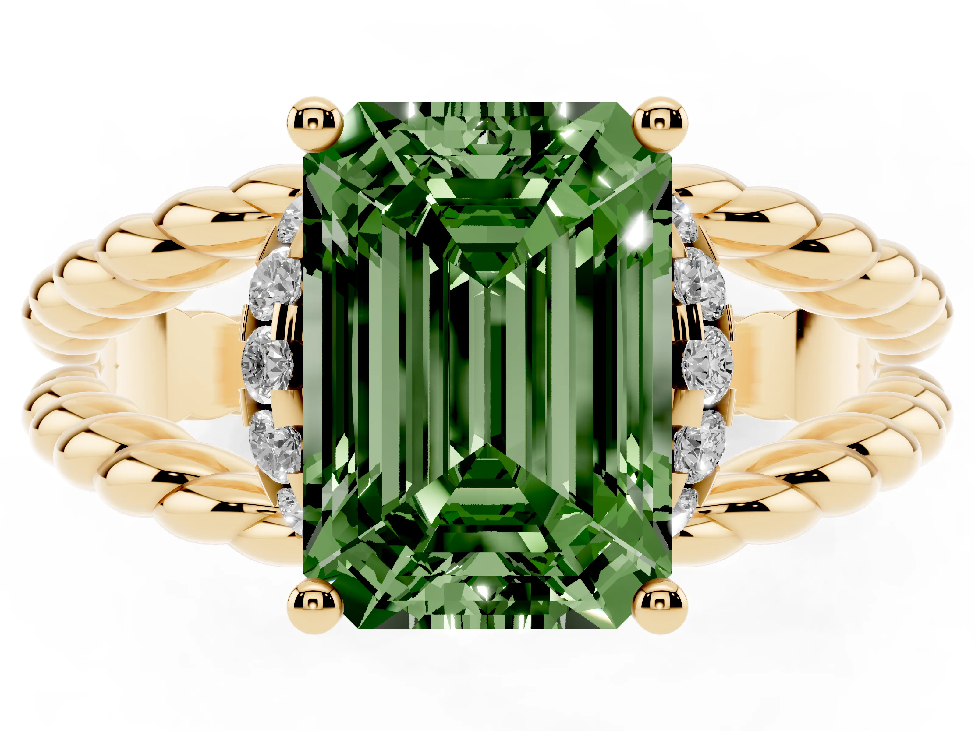 Fancy Green Emerald Cut Diamond Halo Ring Set in Yellow gold with Twisted Band and Prong Setting