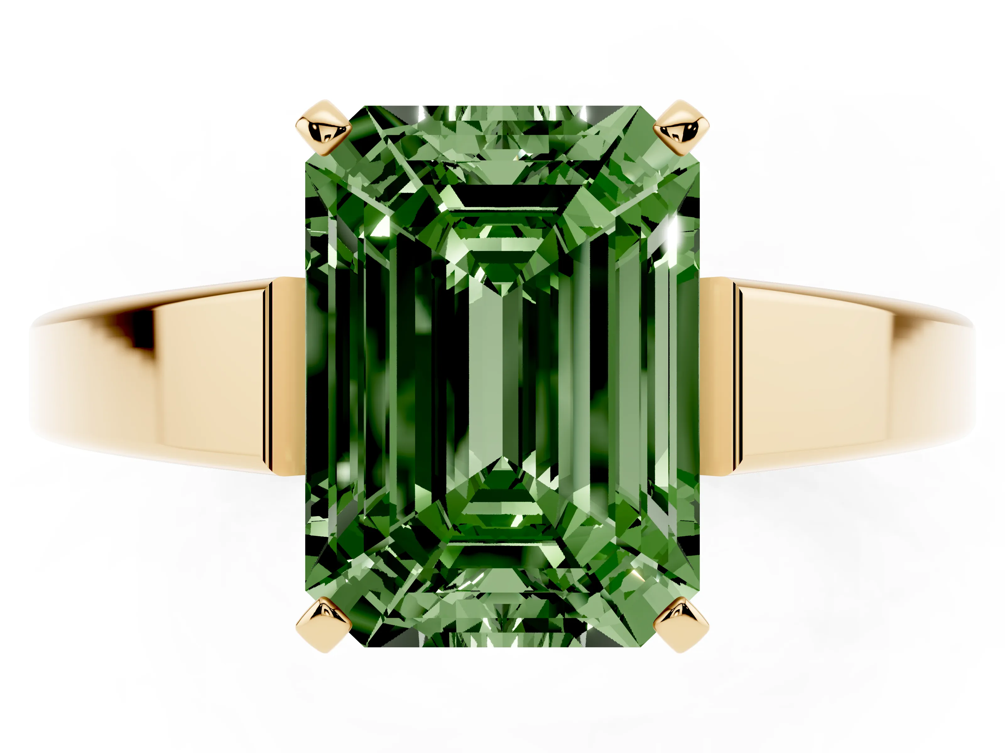 Fancy Green Emerald Cut Diamond Solitaire Engagement Ring Set in Yellow gold with Prong Setting and Tapered Band