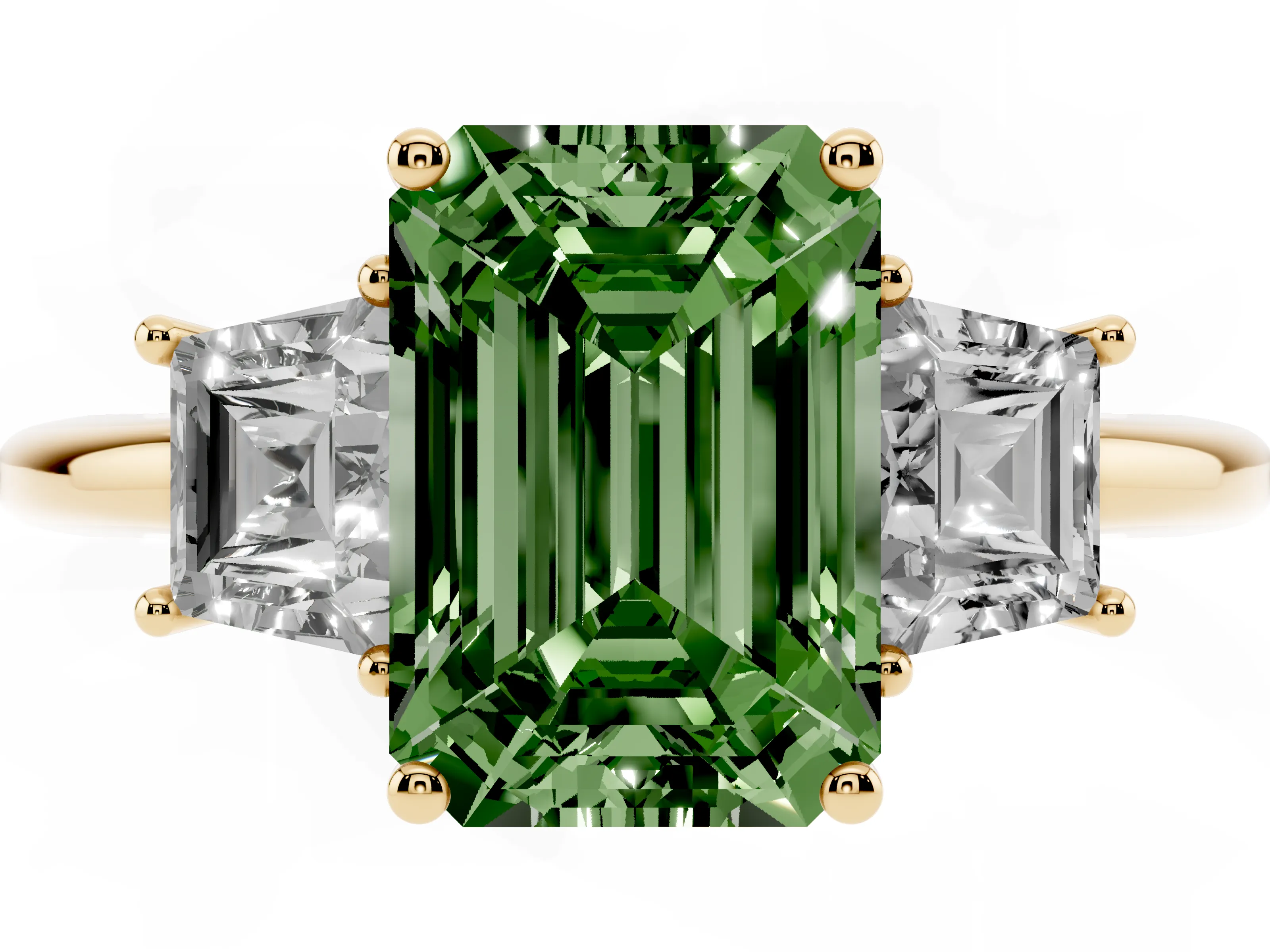 Fancy Green Emerald Cut Diamond Three-Stone Ring Set in Yellow gold with Trapezoid Side Stones and Prong Setting