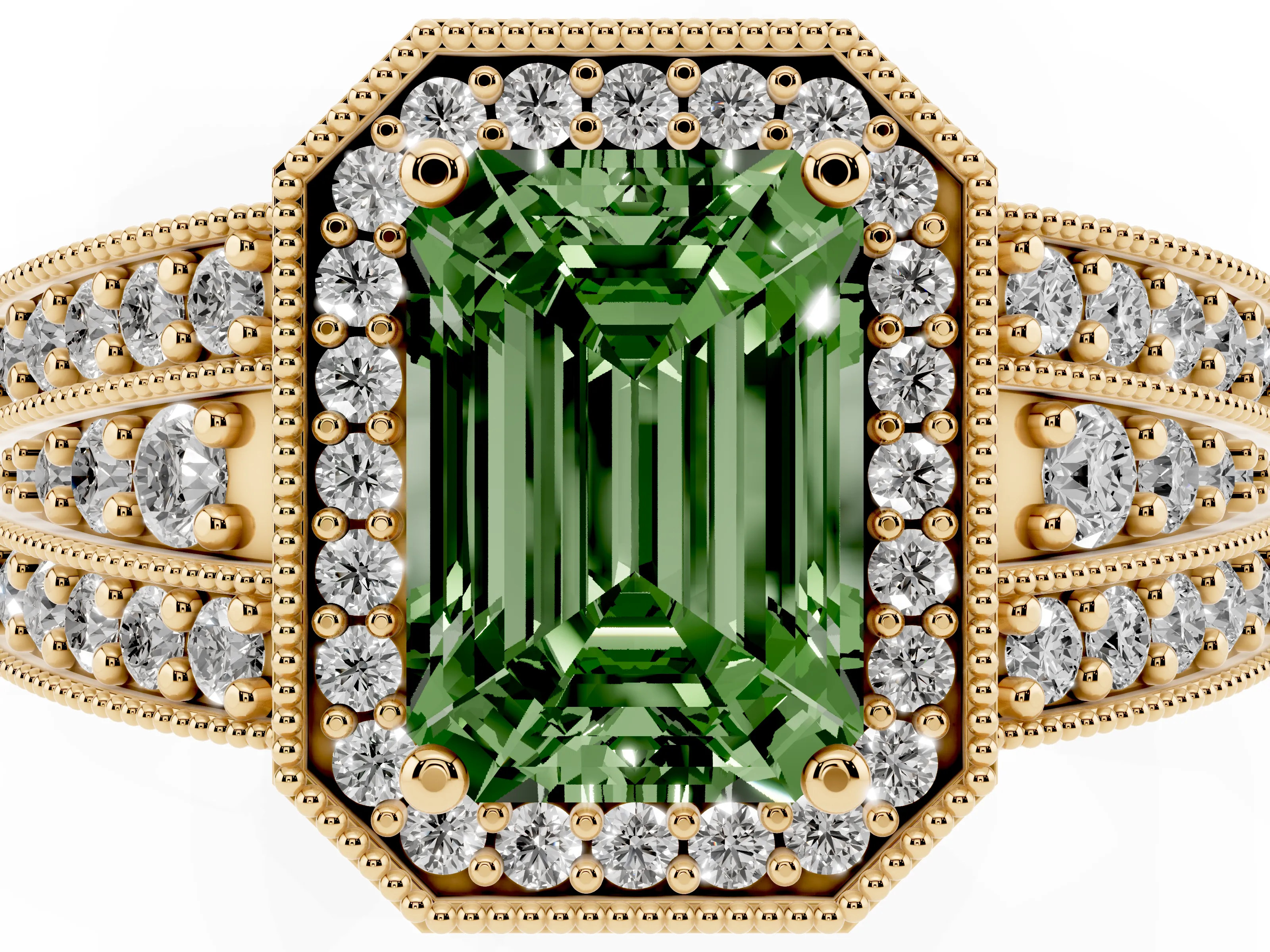 Fancy Green Emerald Cut Diamond Halo Ring Set in Yellow gold with Accent Split Shank and Prong Setting