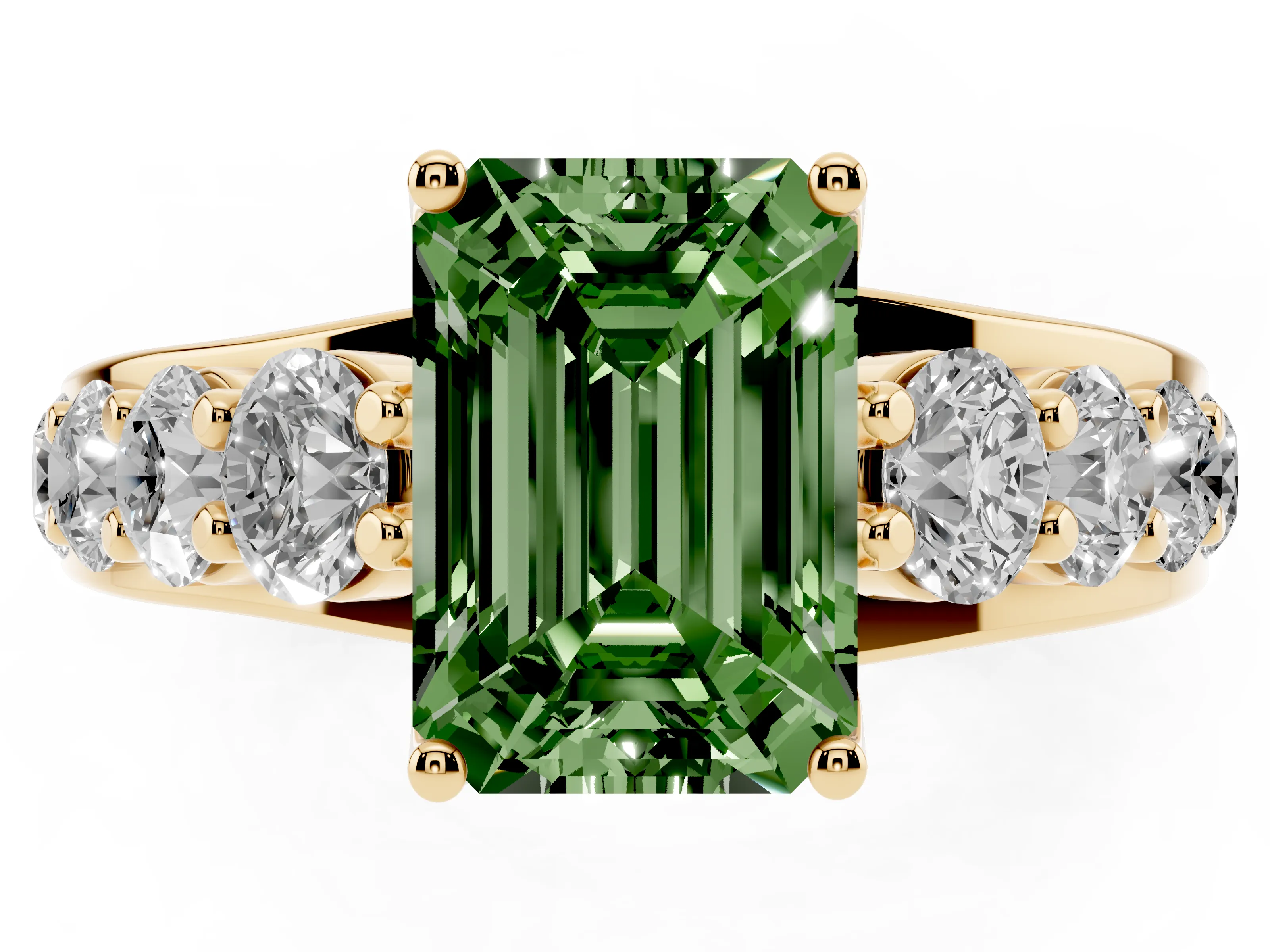 Fancy Green Emerald Cut Diamond Pavé Engagement Ring Set in Yellow gold with Prong Setting