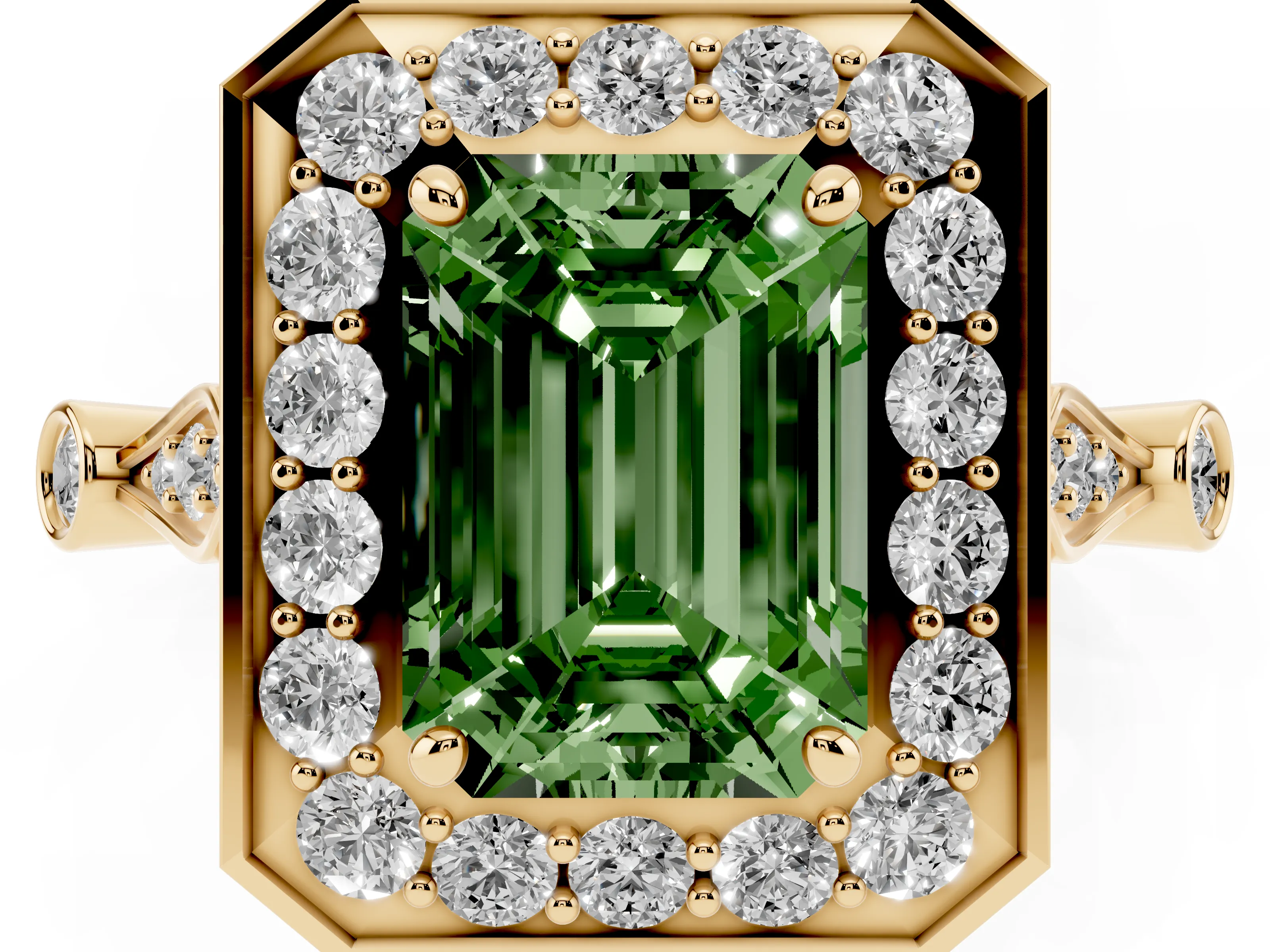 Fancy Green Emerald Cut Diamond Halo Engagement Ring Set in Yellow gold with Twisted Band and Prong Setting