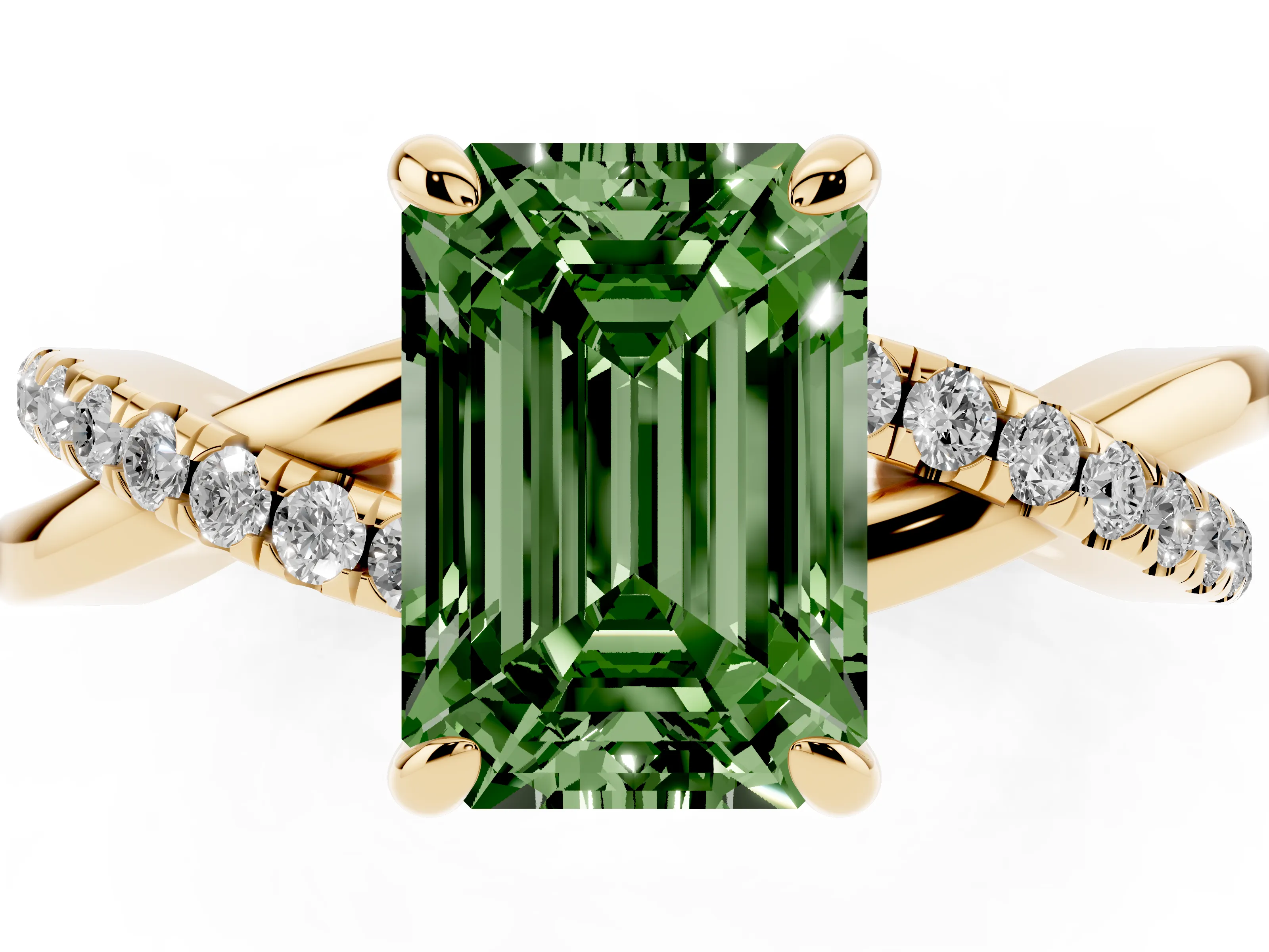 Fancy Green Emerald Cut Diamond Twist Band Pavé Solitaire Ring Set in Yellow gold with Prong Setting