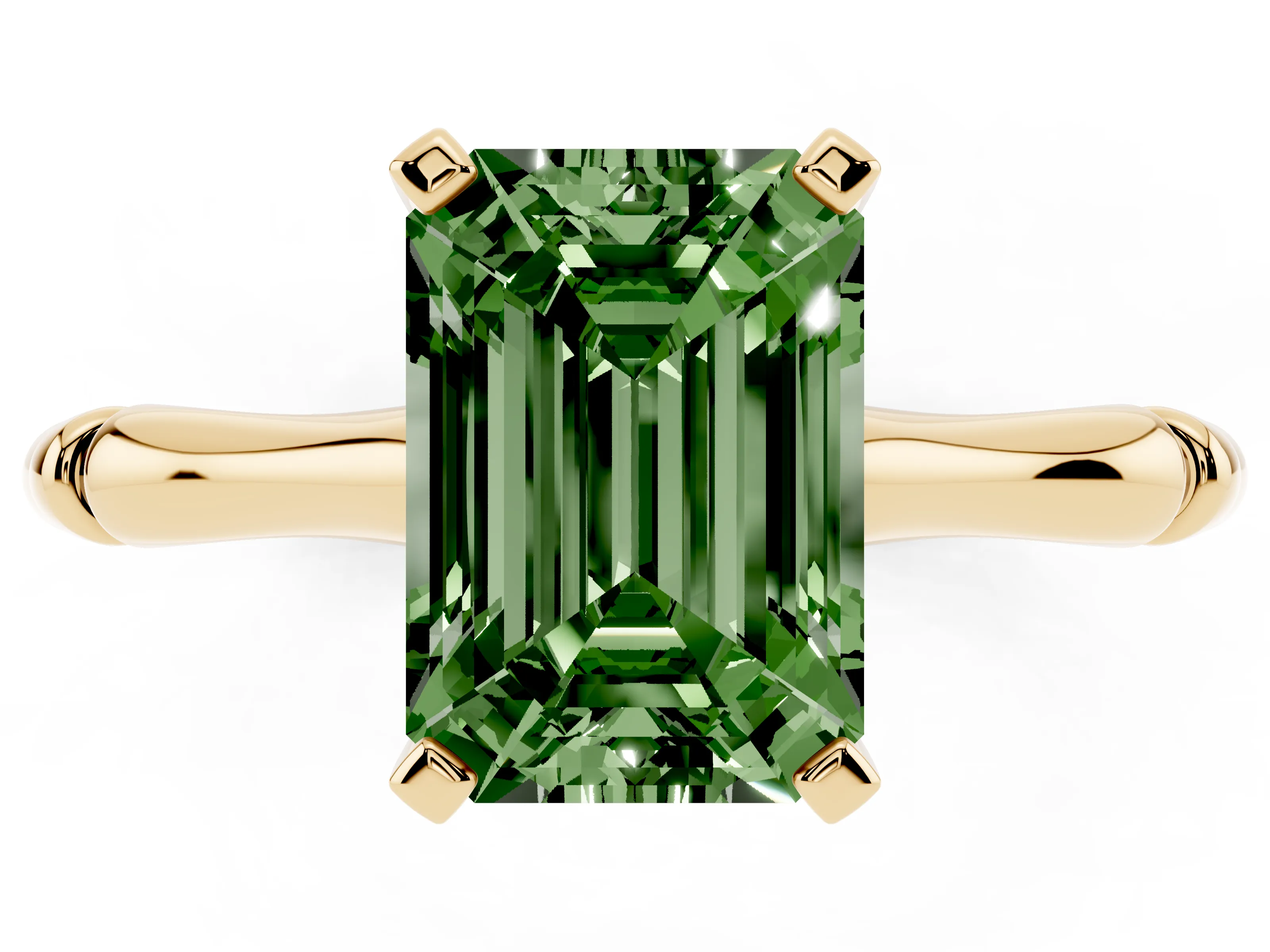 Fancy Green Emerald Cut Diamond Solitaire Ring Set in Yellow gold with Bamboo Band and Prong Setting