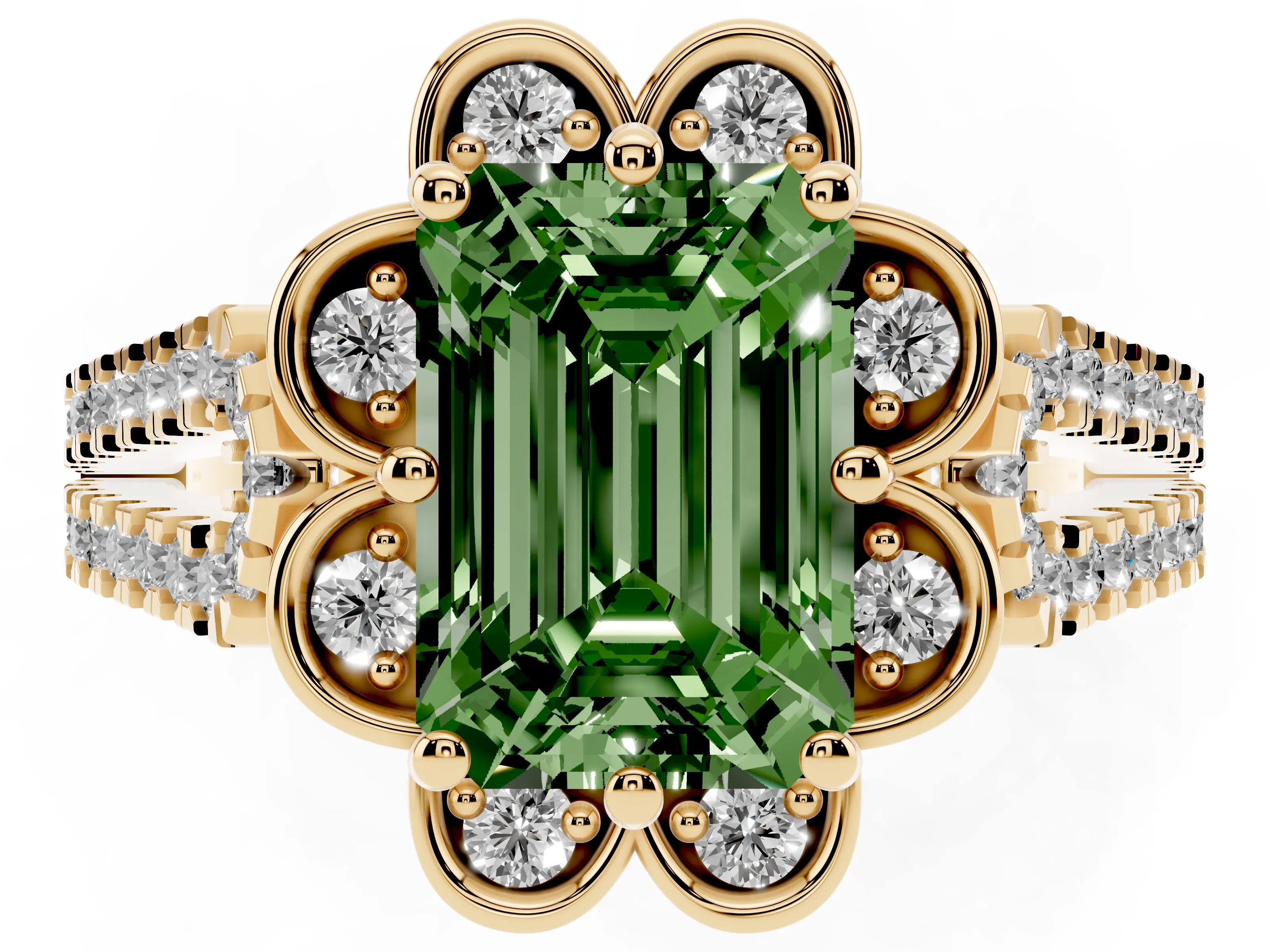 Fancy Green Emerald Cut Diamond Floral Halo Split Shank Engagement Ring Set in Yellow gold with Pavé Shank