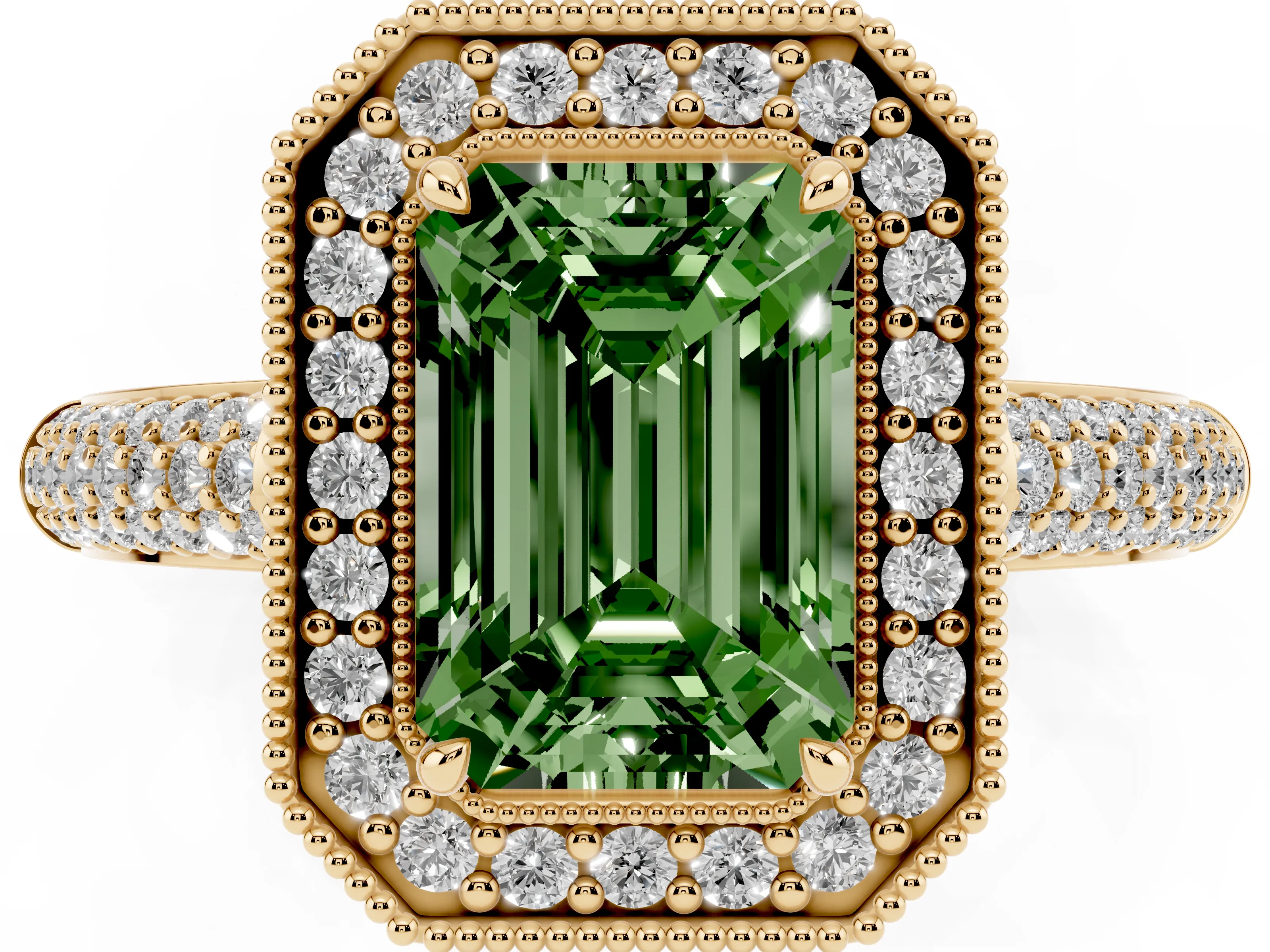 Fancy Green Emerald Cut Diamond Halo Pavé Band Set in Yellow gold with Prong Setting