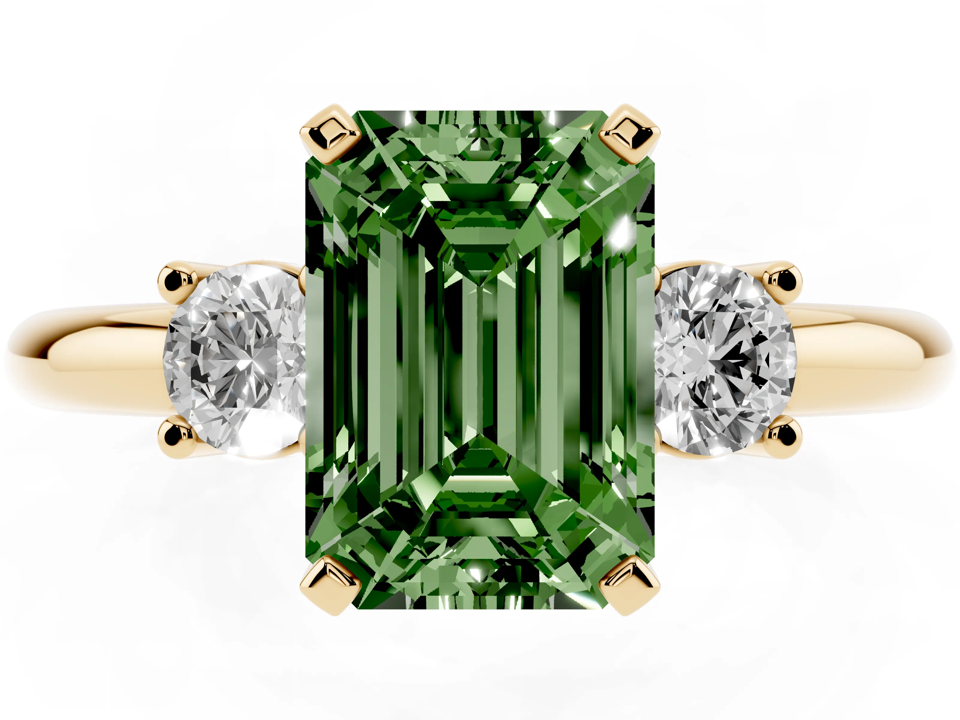 Fancy Green Three-Stone Emerald Cut Diamond Ring Set in Yellow gold with Prong Setting and Plain Band