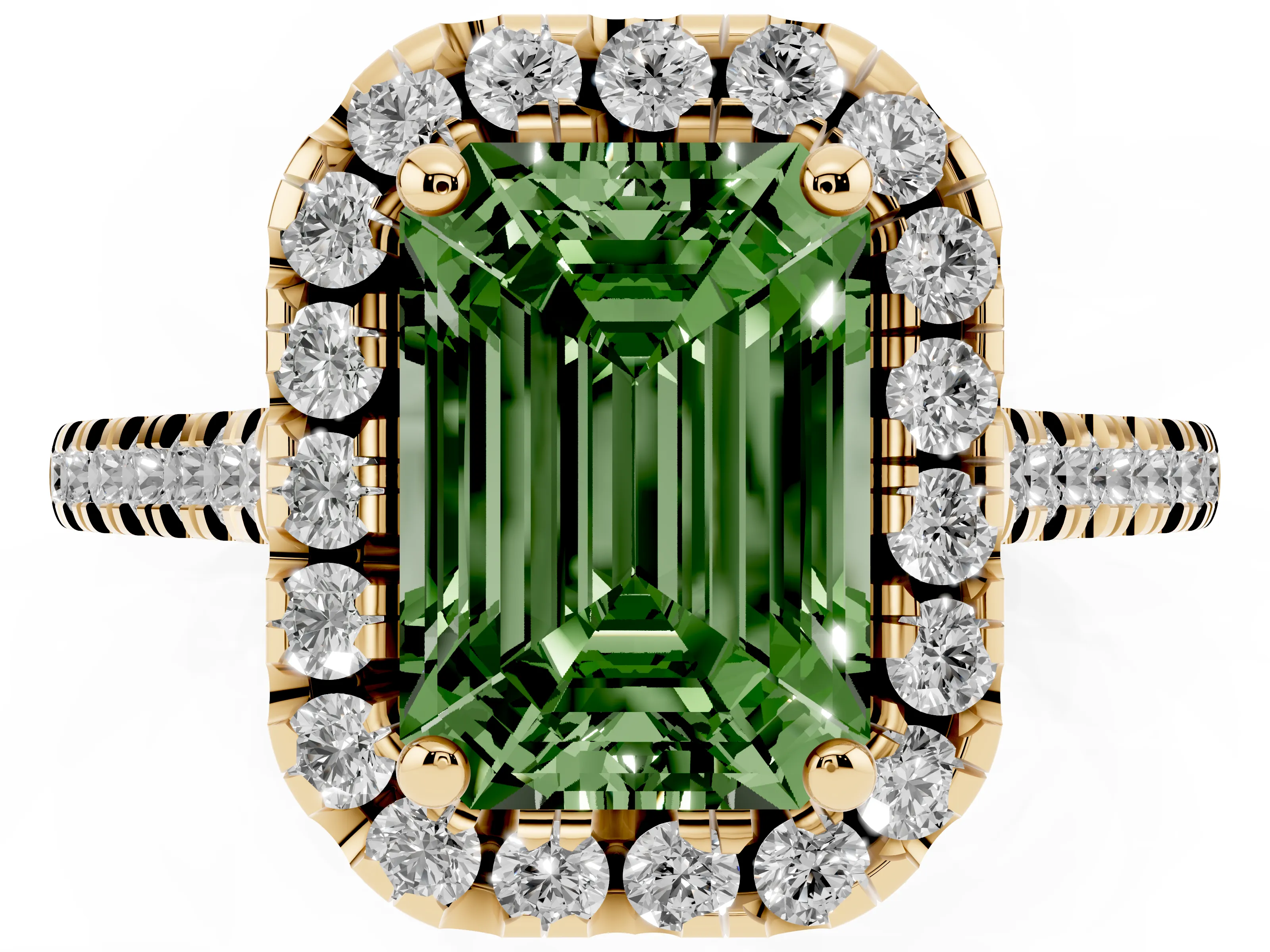 Fancy Green Emerald Cut Diamond Cushion Halo Ring Set in Yellow gold with Pavé Band