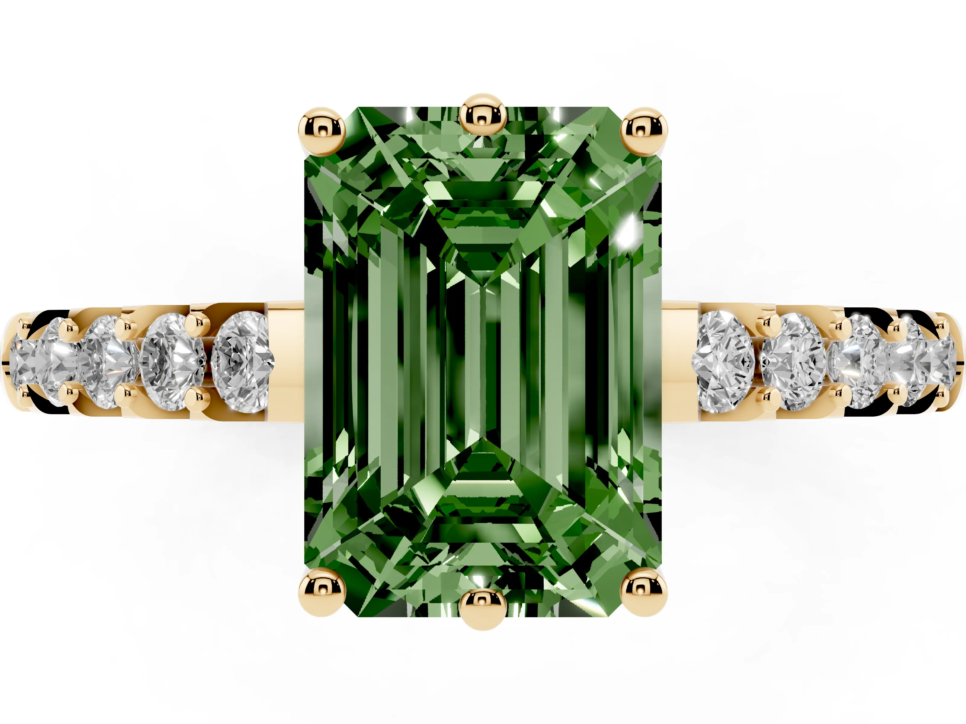 Fancy Green Emerald Cut Diamond Solitaire Engagement Ring Set in Yellow gold with Pavé Band and Prong Setting