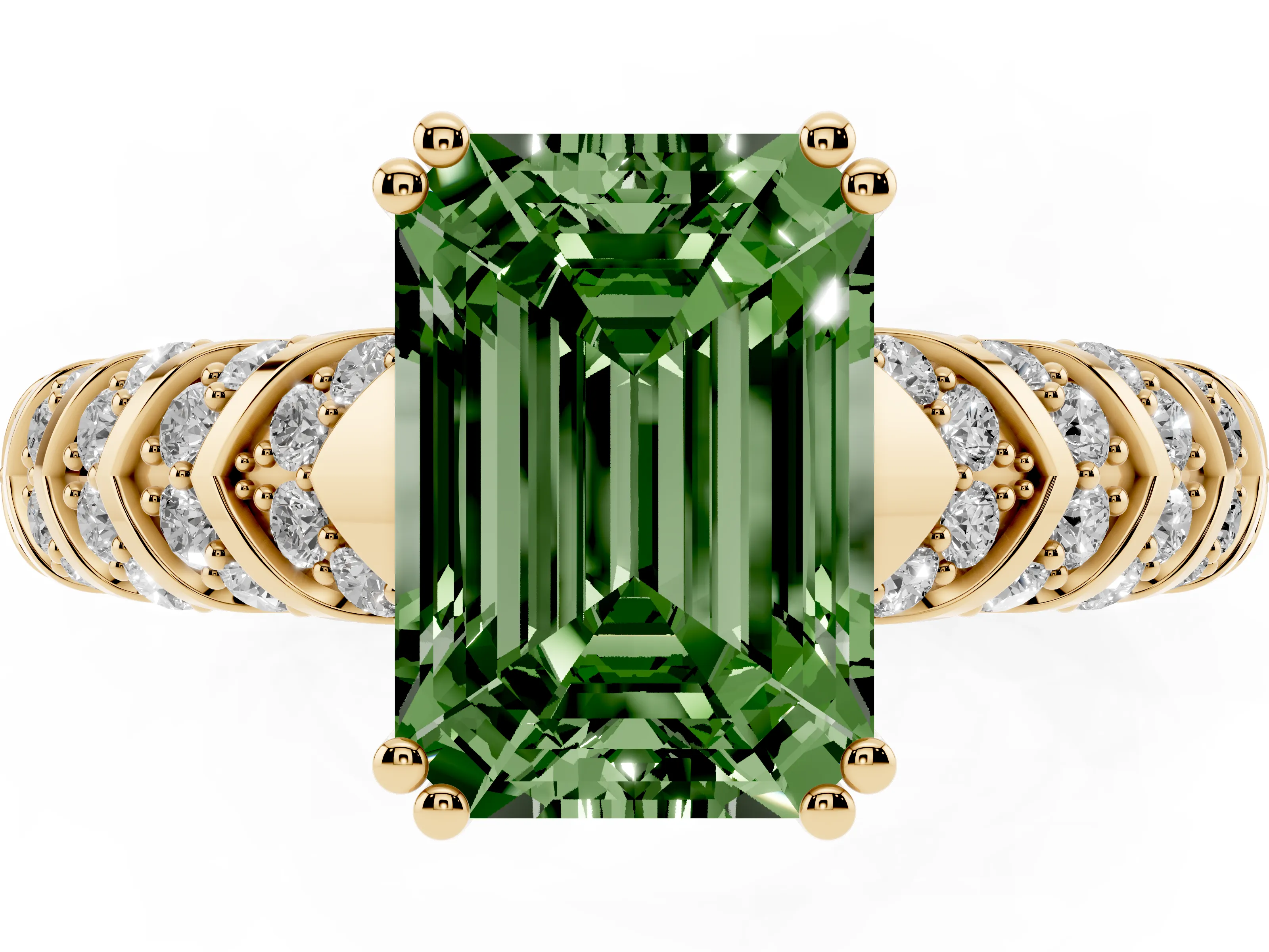 Fancy Green Emerald Cut Diamond Solitaire Chevron Pavé Engagement Ring Set in Yellow gold with Prong Setting