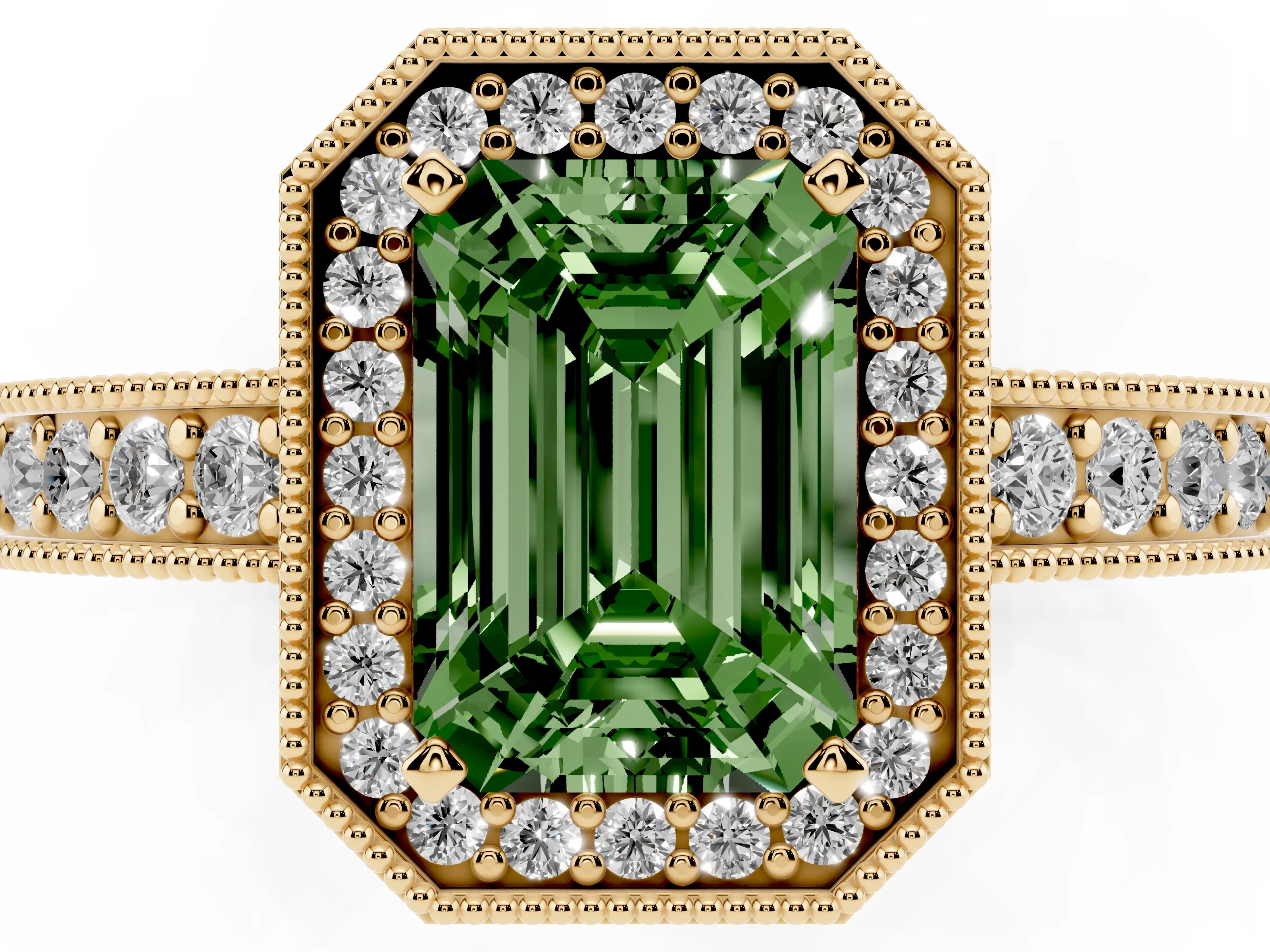 Fancy Green Emerald Cut Diamond Halo Pavé Band Ring Set in Yellow gold with Prong-Set Center