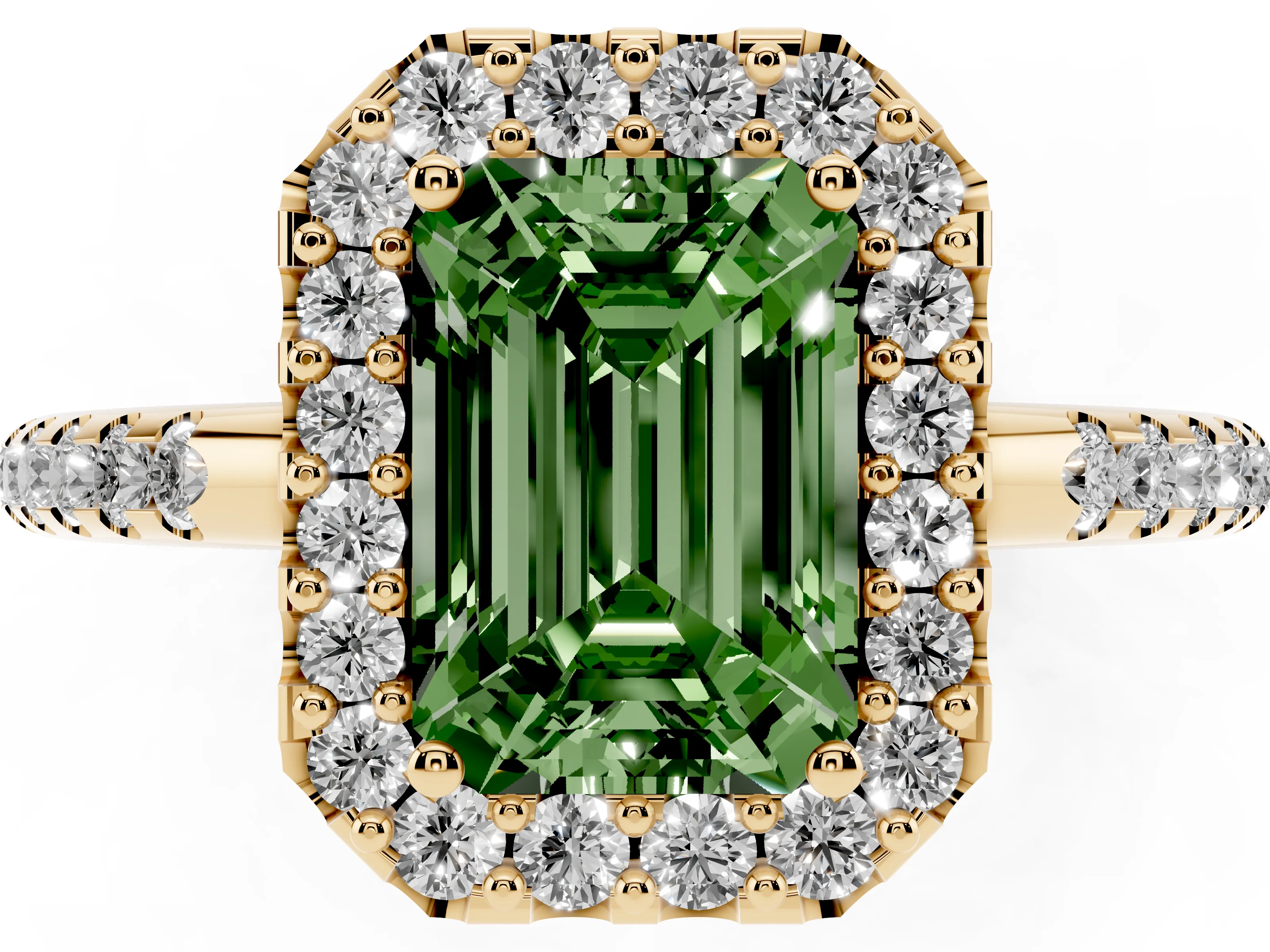 Fancy Green Emerald Cut Diamond Pavé Halo Ring Set in Yellow gold with Prong Setting