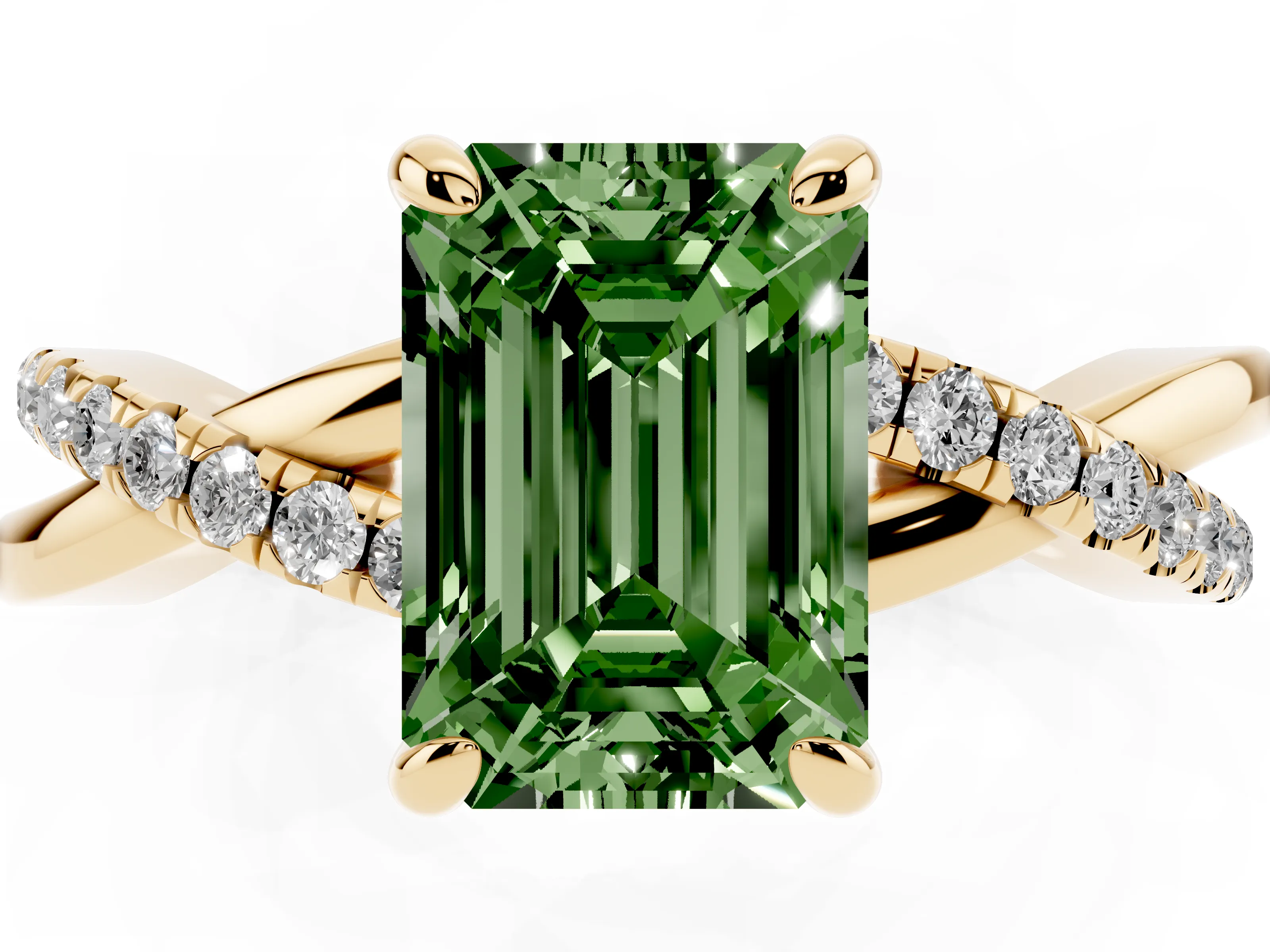 Fancy Green Emerald Cut Diamond Twist Band Solitaire Set in Yellow gold with Pavé Accents and Prong Setting
