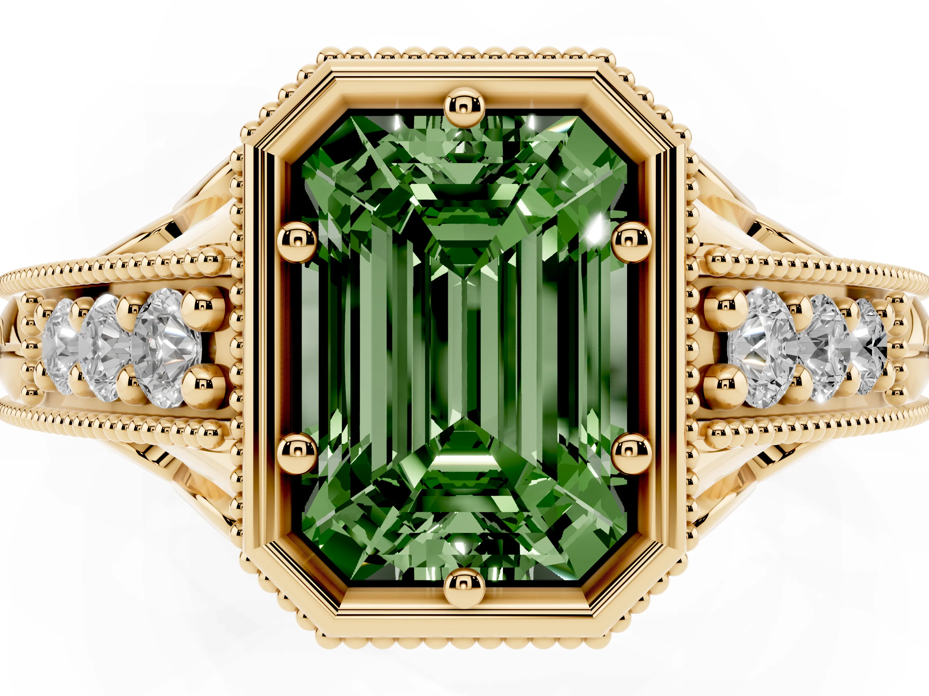 Fancy Green Bezel Set Emerald Cut Diamond Milgrain Pavé Engagement Ring Set in Yellow gold