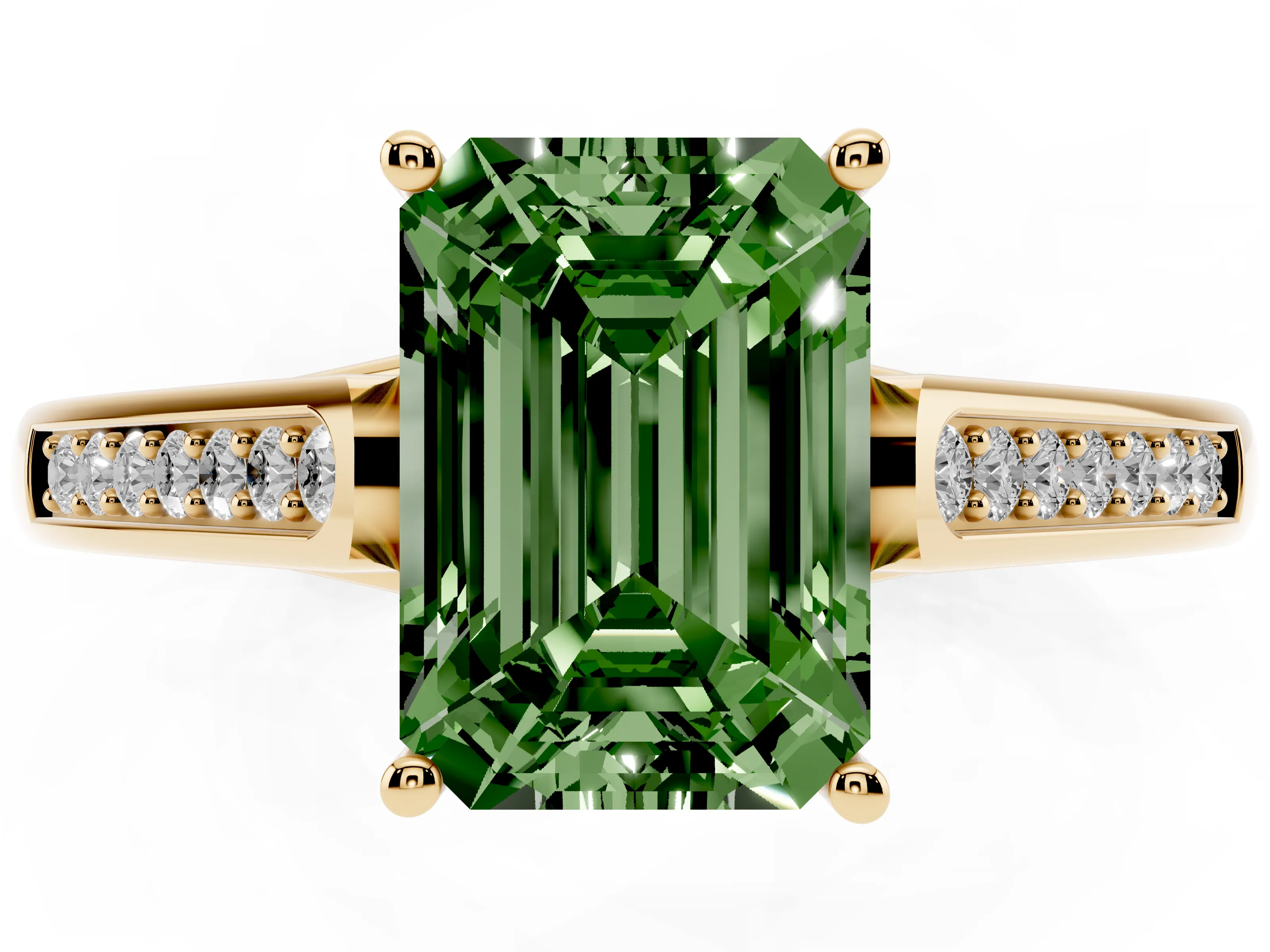 Fancy Green Emerald Cut Diamond Solitaire Cathedral Engagement Ring Set in Yellow gold with Channel-Set Band and Prong Setting
