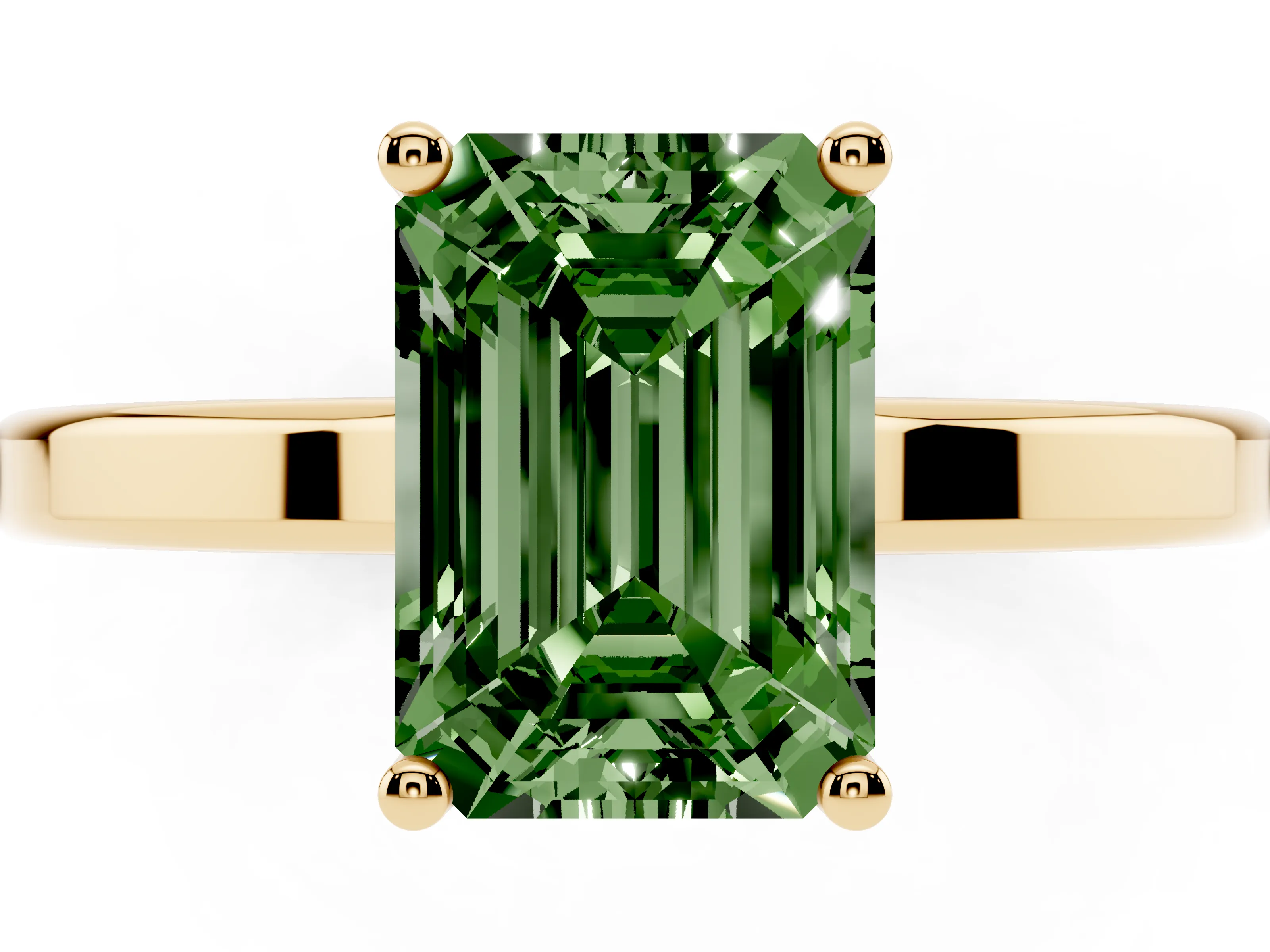 Fancy Green Emerald Cut Diamond Solitaire Engagement Ring Set in Yellow gold with Prong Setting on a Plain Band