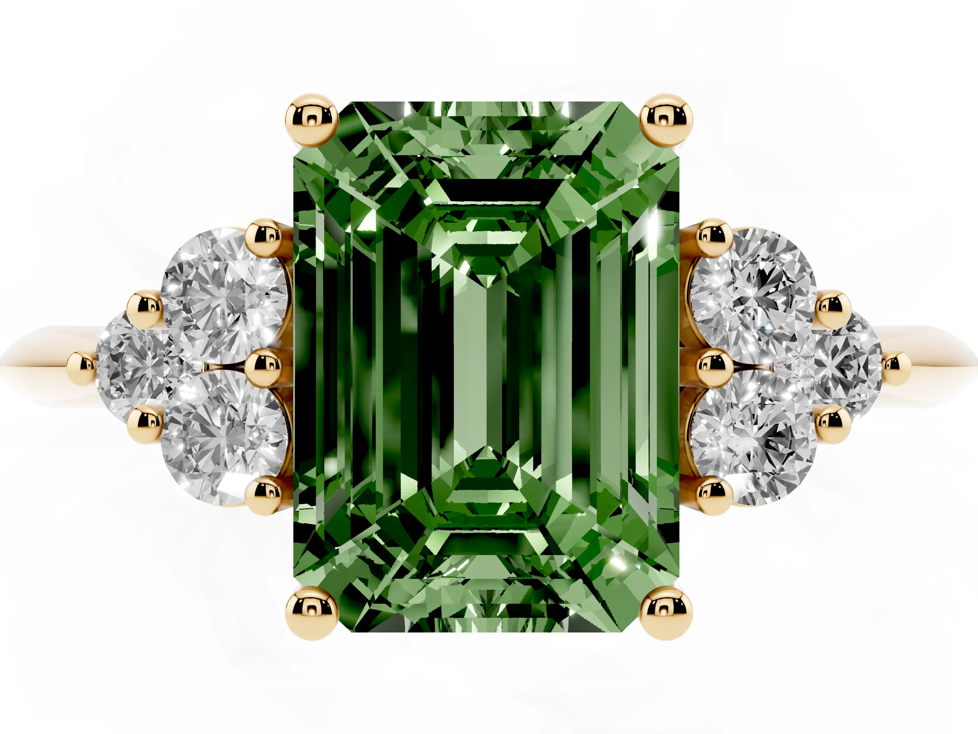 Fancy Green Emerald Cut Diamond Cluster Ring Set in Yellow gold with Plain Band and Prong Setting