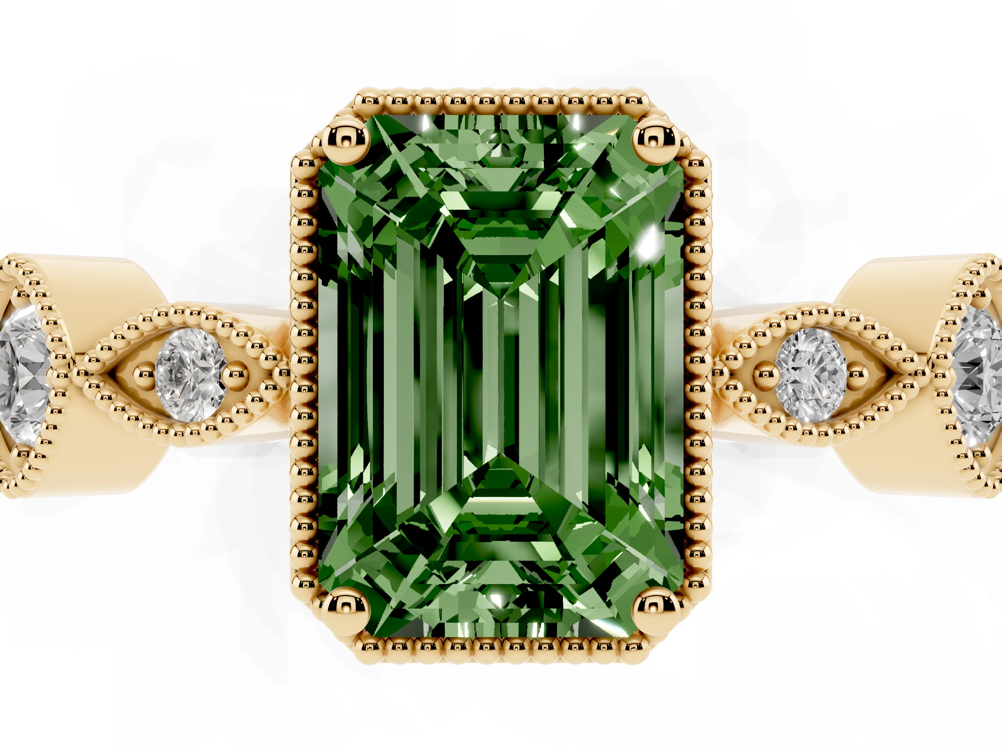 Fancy Green Emerald Cut Diamond Vintage-Inspired Milgrain Ring Set in Yellow gold with Marquise Stations of Round Accents