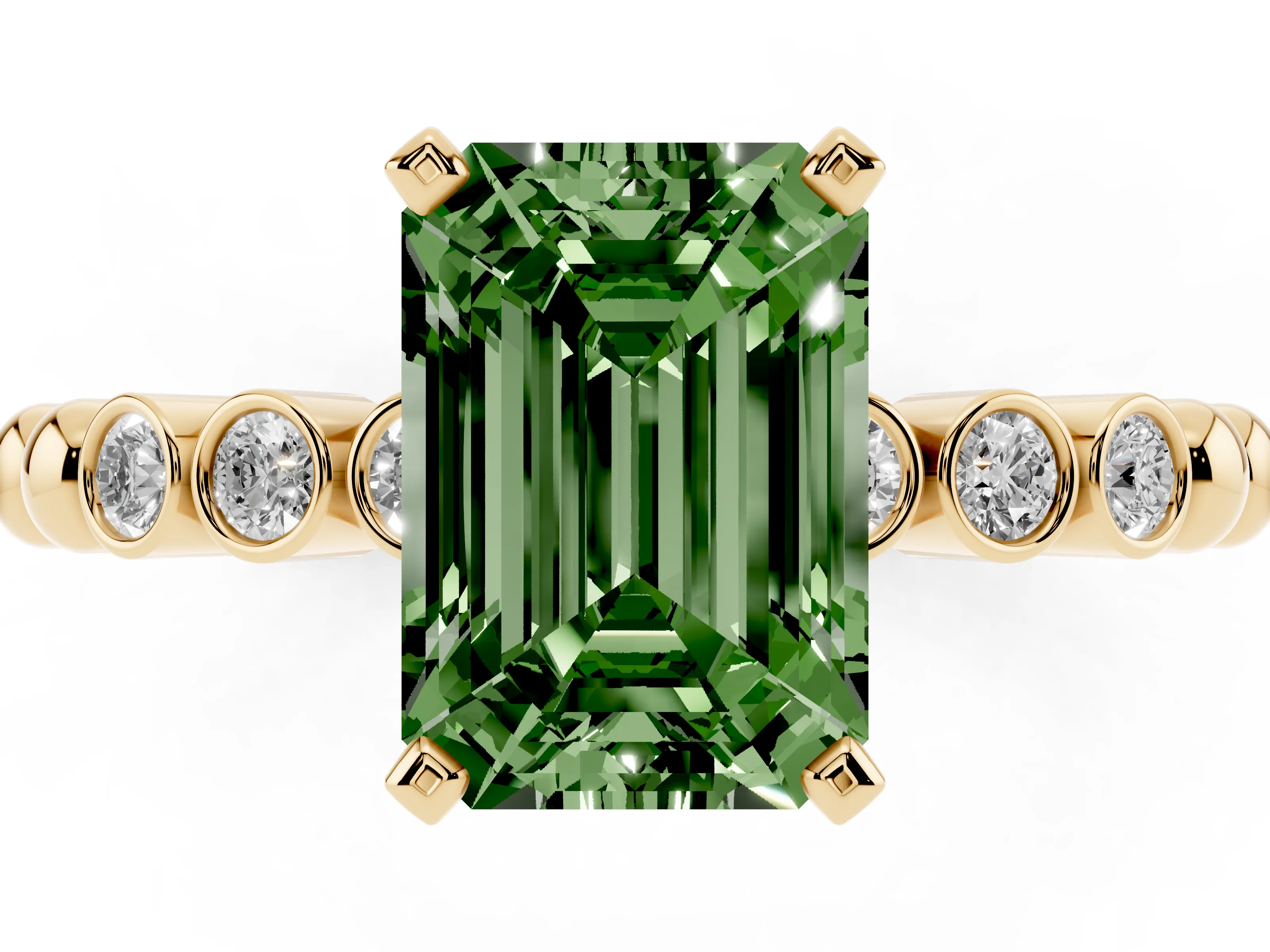 Fancy Green Emerald Cut Diamond Solitaire Engagement Ring Set in Yellow gold with Bezel Accents on Beaded Band