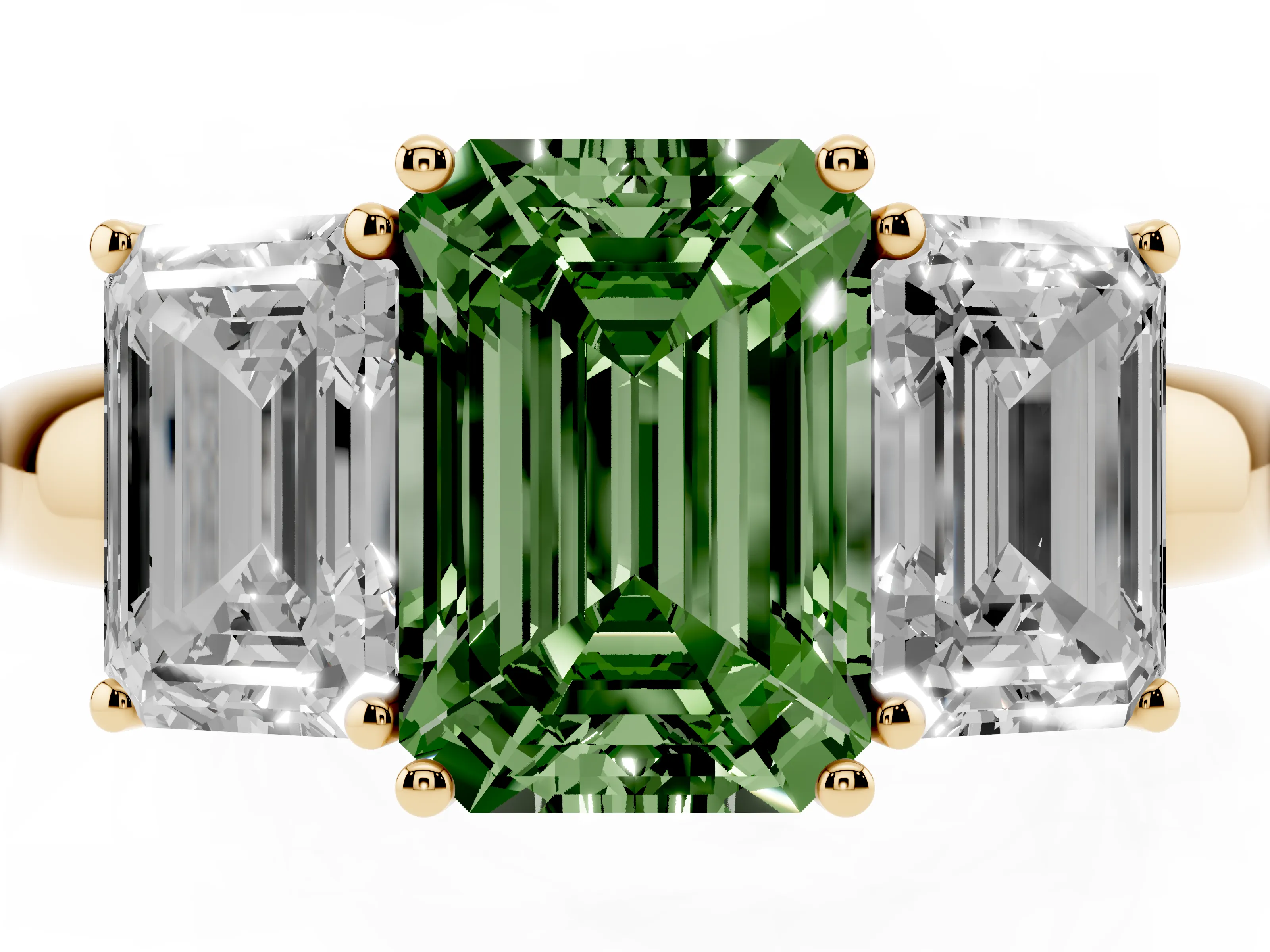 Fancy Green Emerald Cut Diamond Three-Stone Ring Set in Yellow gold with Bold Center and Classic Band