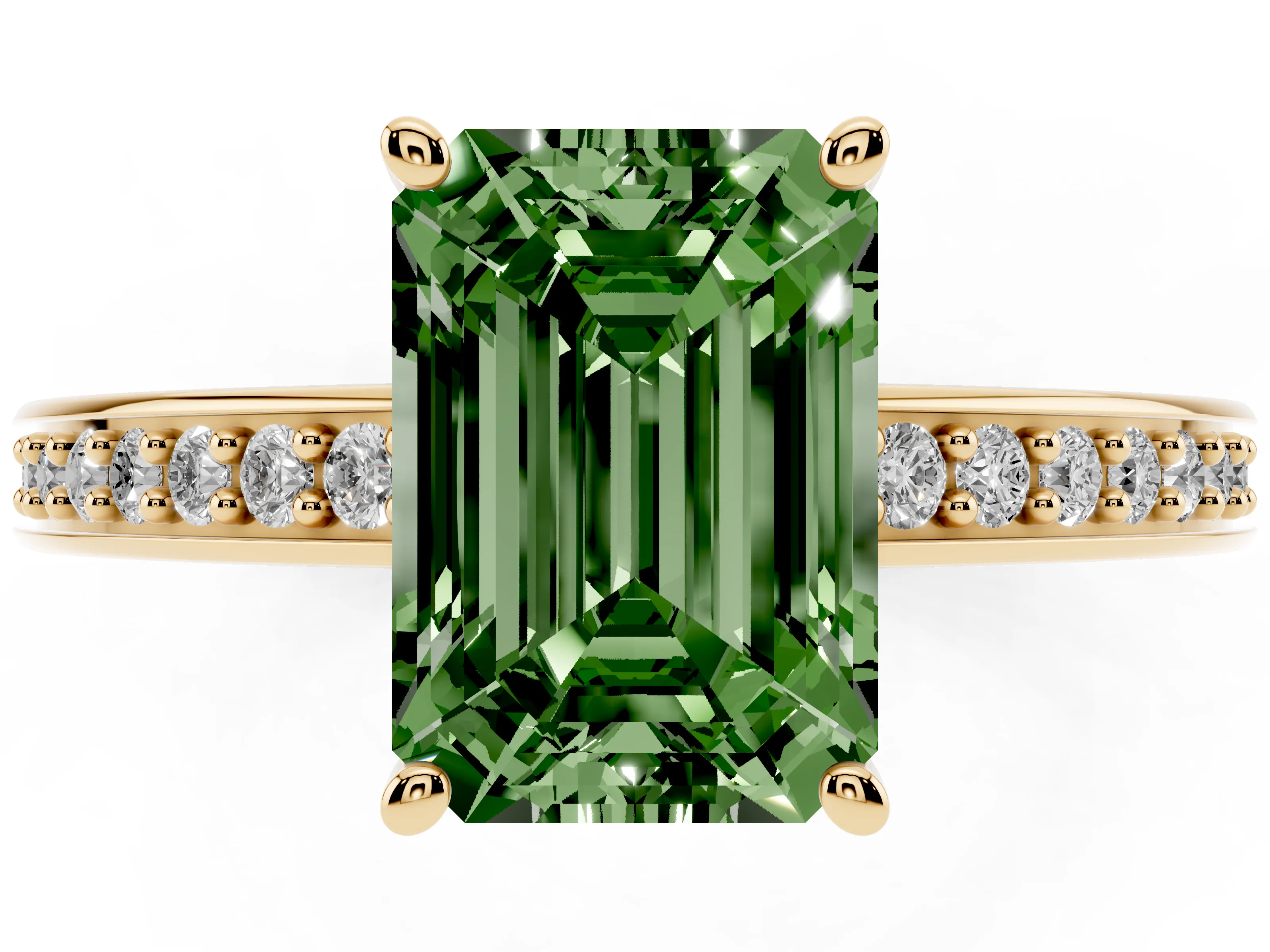 Fancy Green Emerald Cut Diamond Pavé Band Prong Set Solitaire Ring Set in Yellow gold
